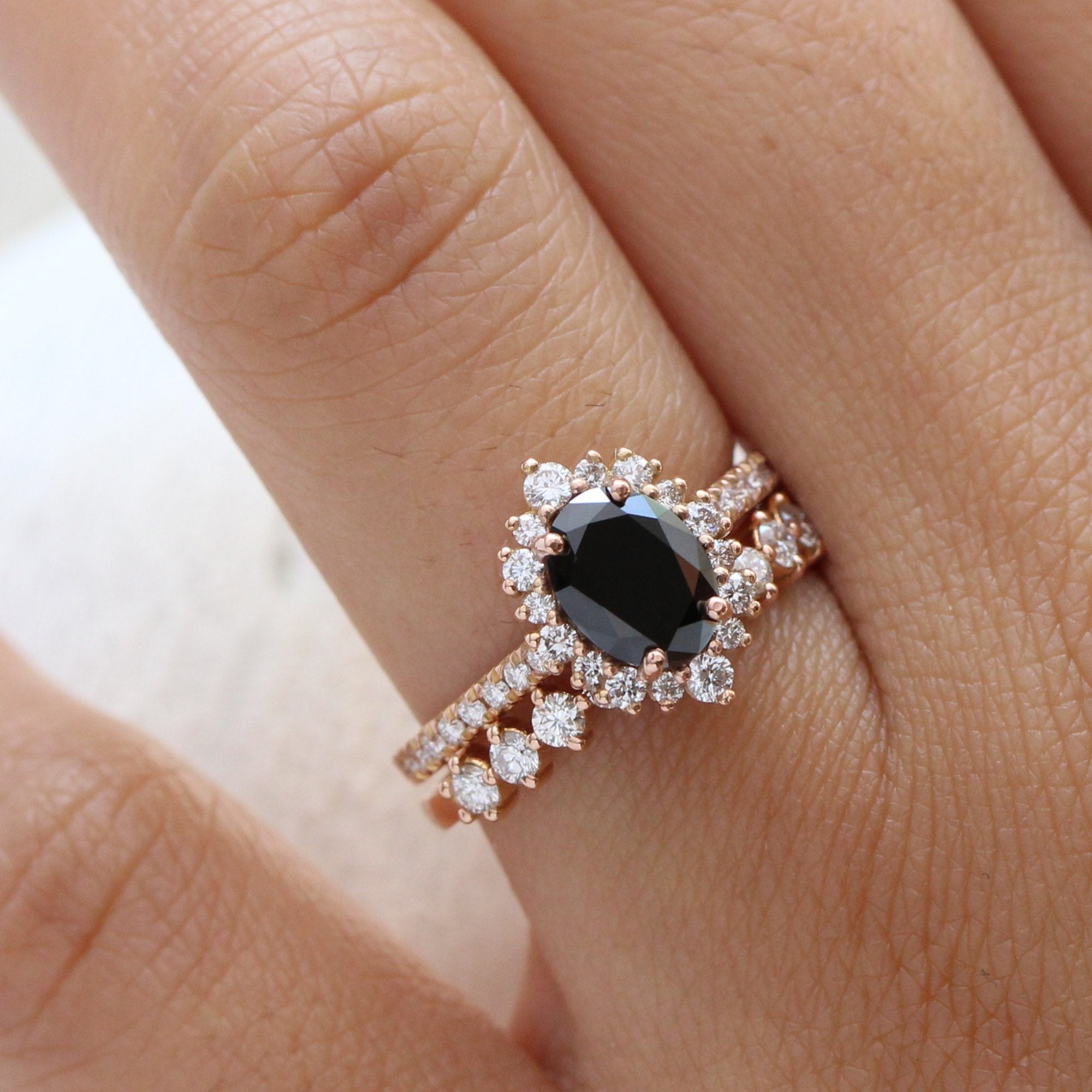 Natural black diamond ring rose gold stacking ring set la more design jewelry