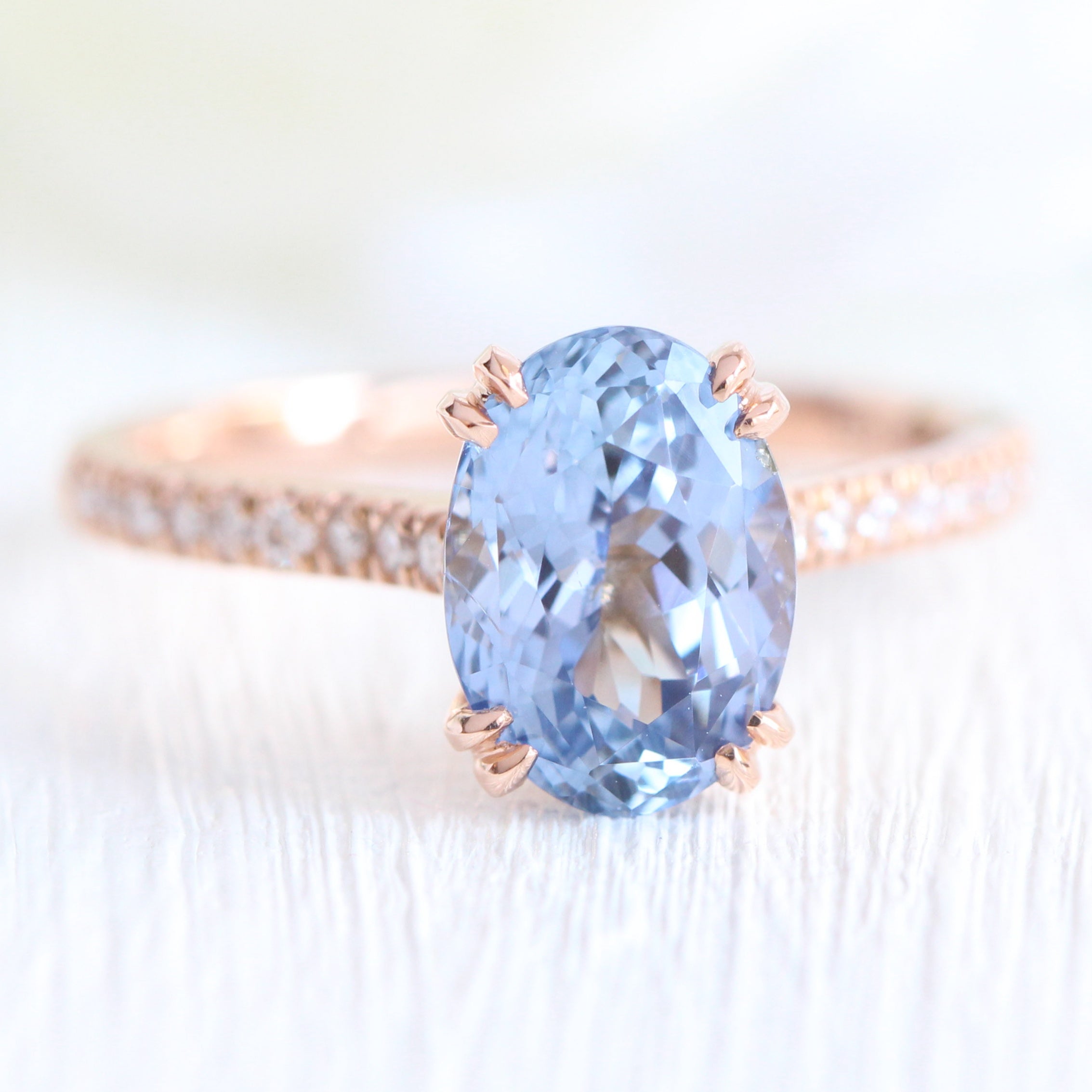 Oval aqua blue sapphire ring rose gold pave diamond band la more design jewelry