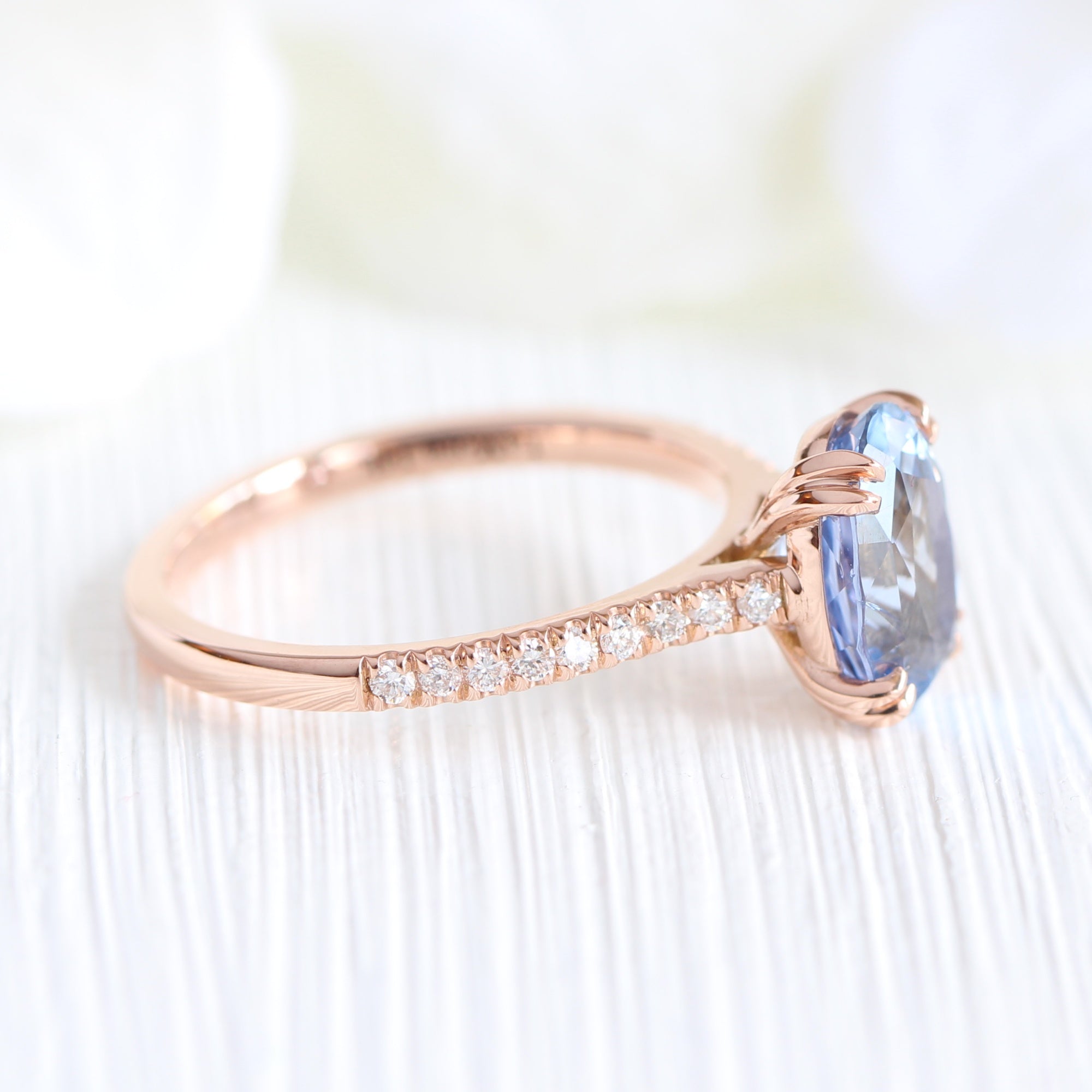 Oval aqua blue sapphire ring rose gold pave diamond band la more design jewelry