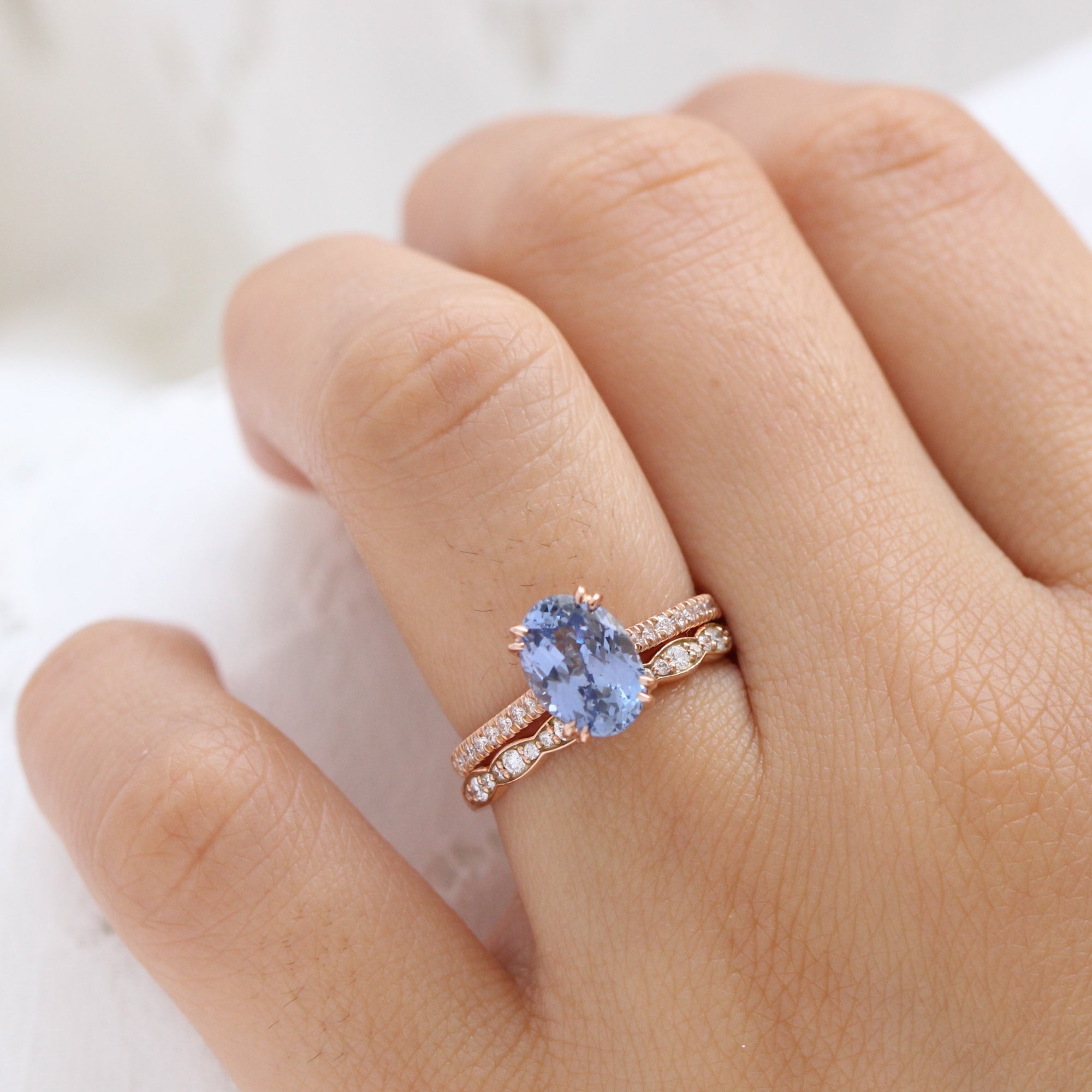 Oval aqua blue sapphire ring rose gold pave diamond band la more design jewelry