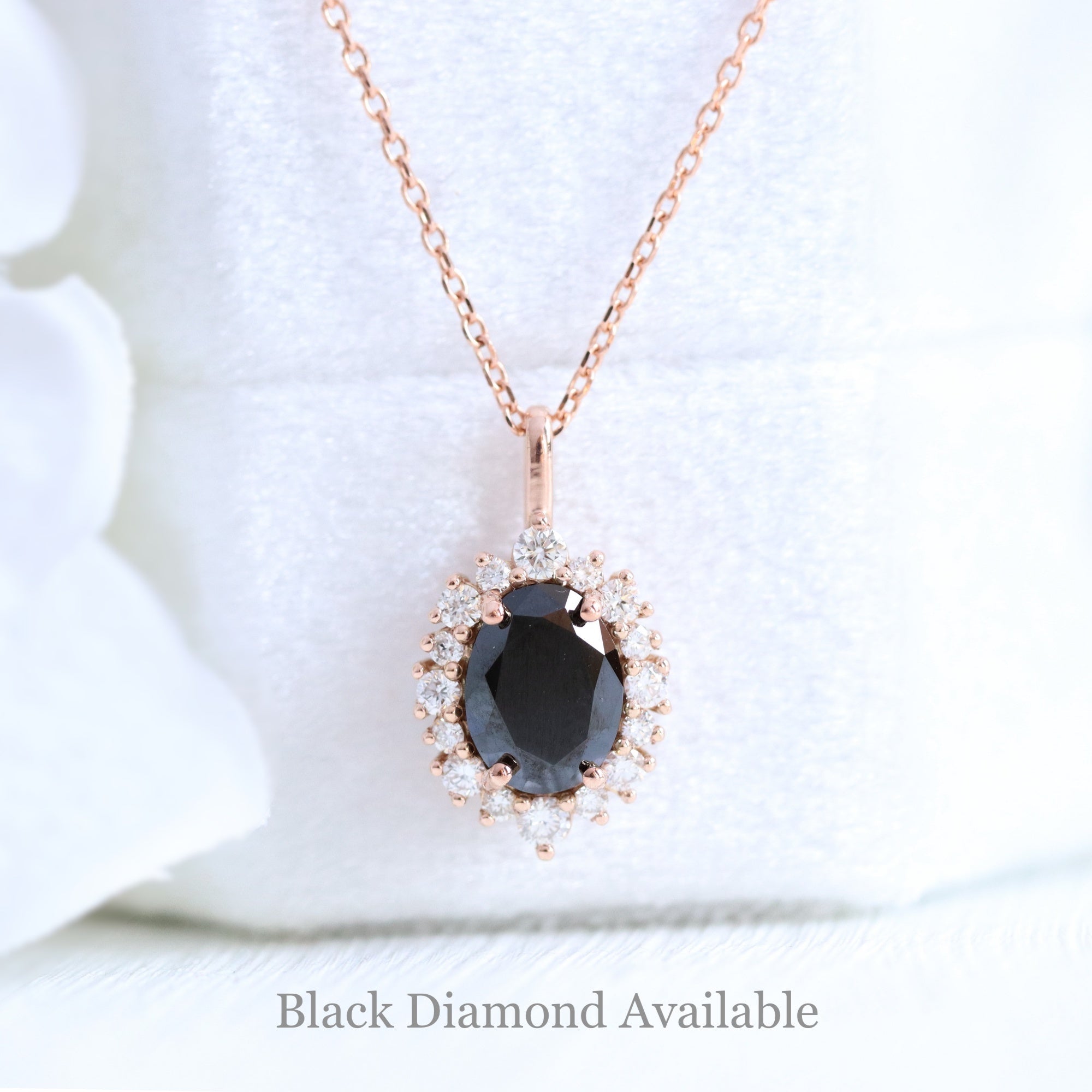 Oval black diamond necklace rose gold halo style black diamond drop pendant necklace la more design jewelry