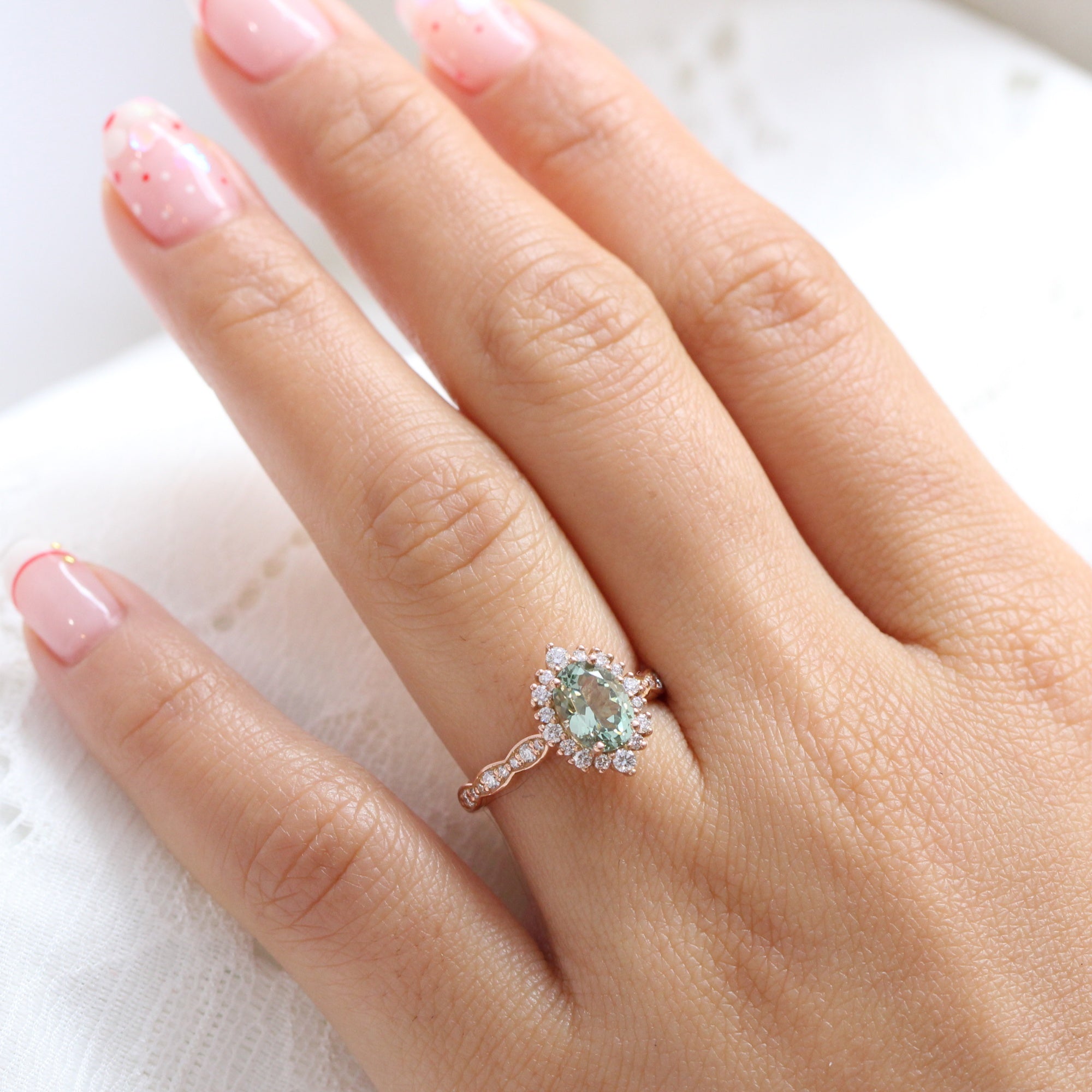 Oval green sapphire engagement ring rose gold halo diamond ring la more design jewelry