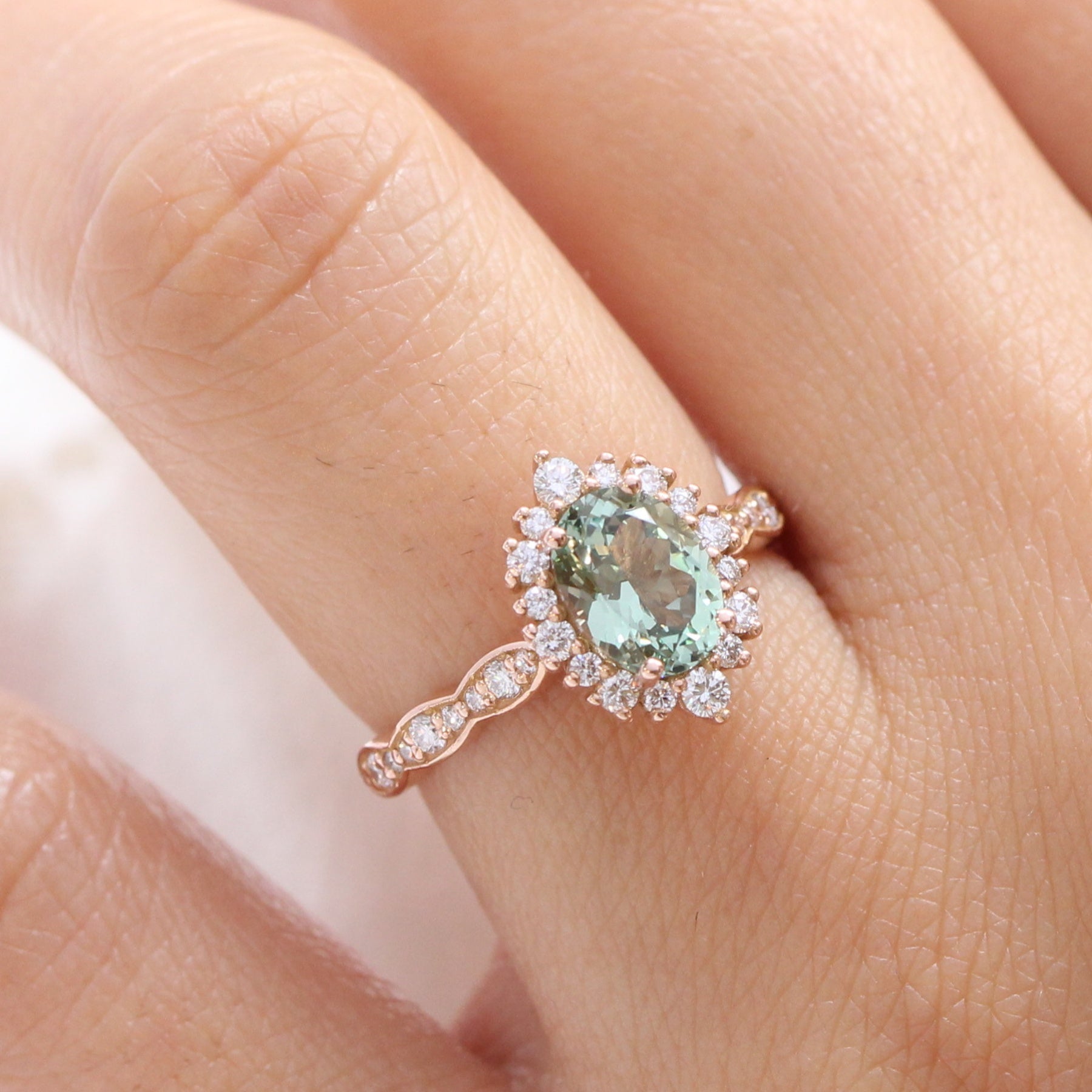 Oval green sapphire engagement ring rose gold halo diamond ring la more design jewelry