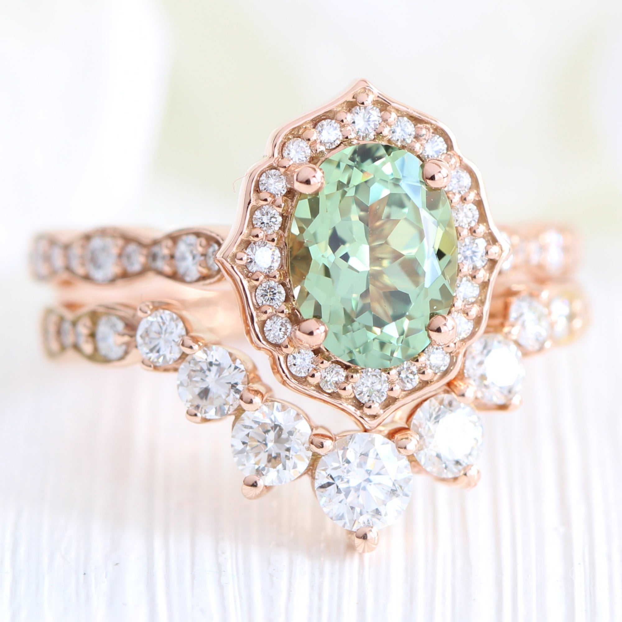 Oval green sapphire ring rose gold deep curved diamond wedding band la more design jewelry