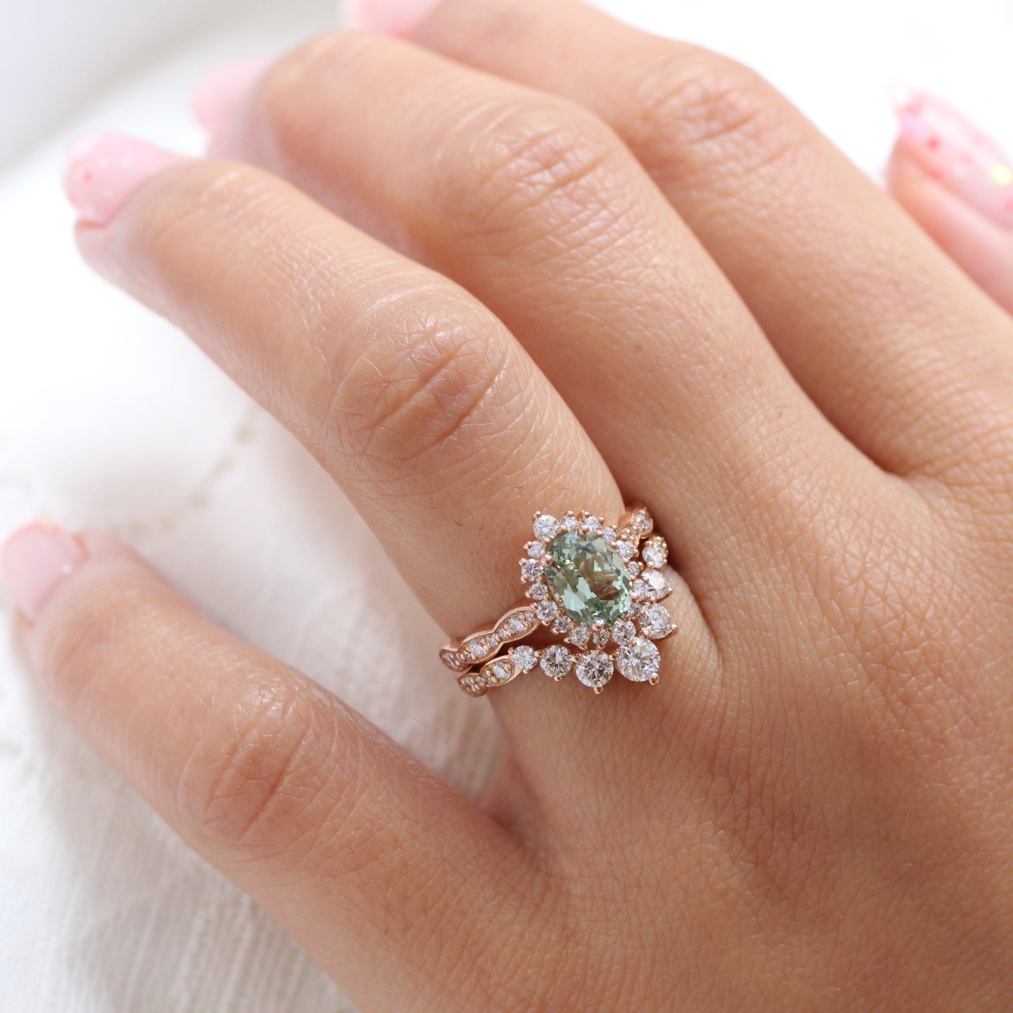 Oval green sapphire ring rose gold deep curved diamond wedding band la more design jewelry