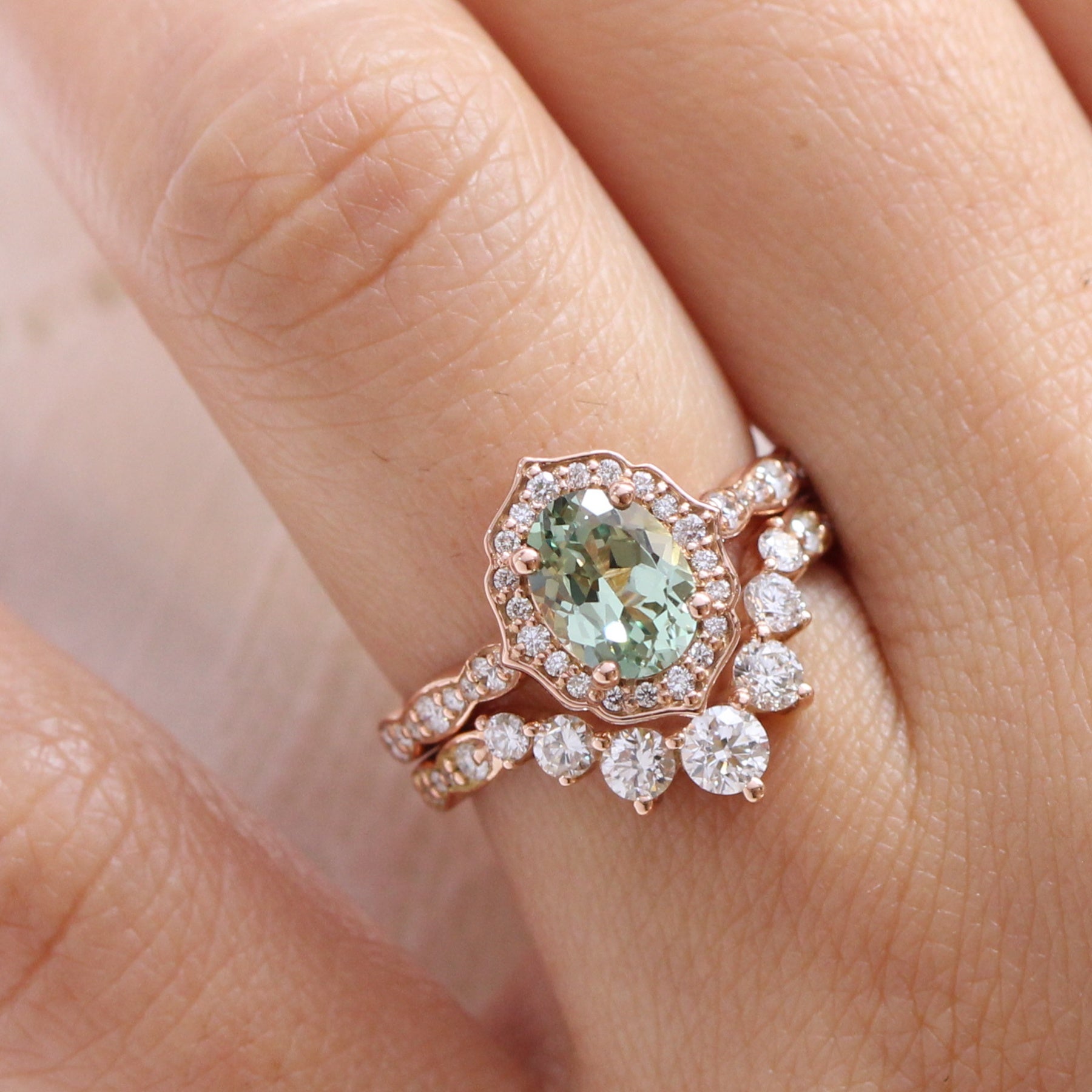 Oval green sapphire ring rose gold deep curved diamond wedding band la more design jewelry