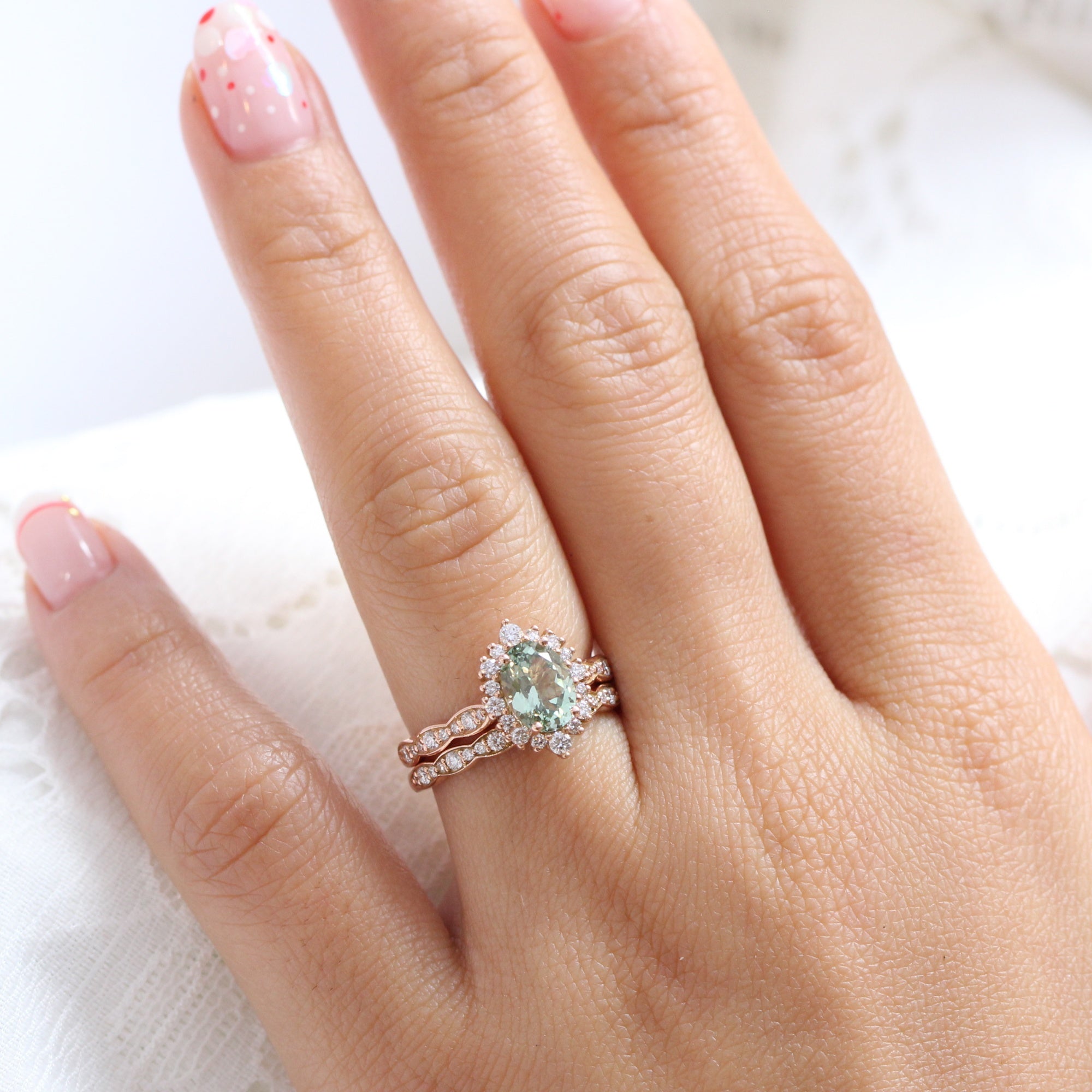 Oval green sapphire ring rose gold matching diamond wedding band la more design jewelry