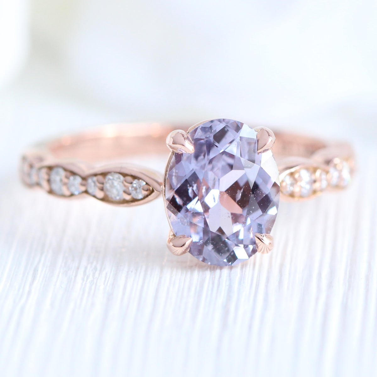 Oval lavender sapphire ring rose gold scalloped diamond band low set engagement ring la more design jewelry