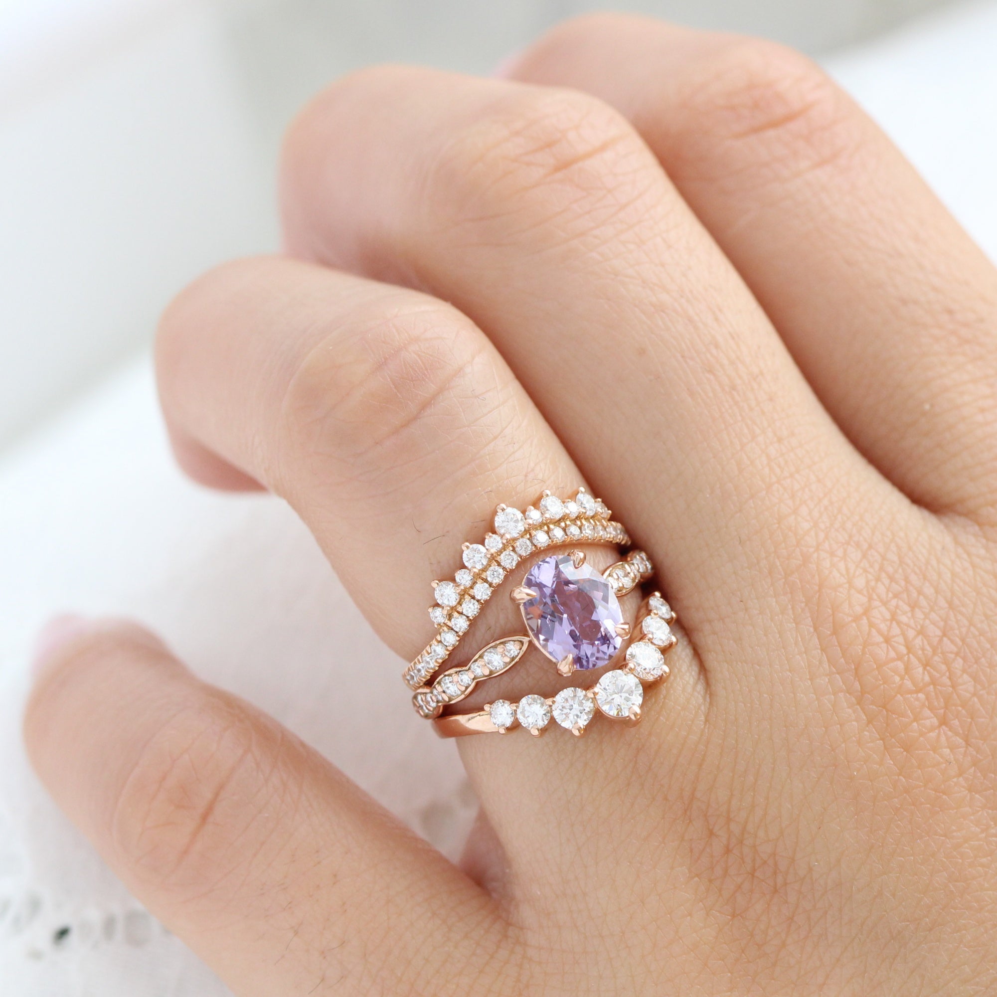 Oval lavender sapphire ring rose gold scalloped diamond band low set engagement ring la more design jewelry