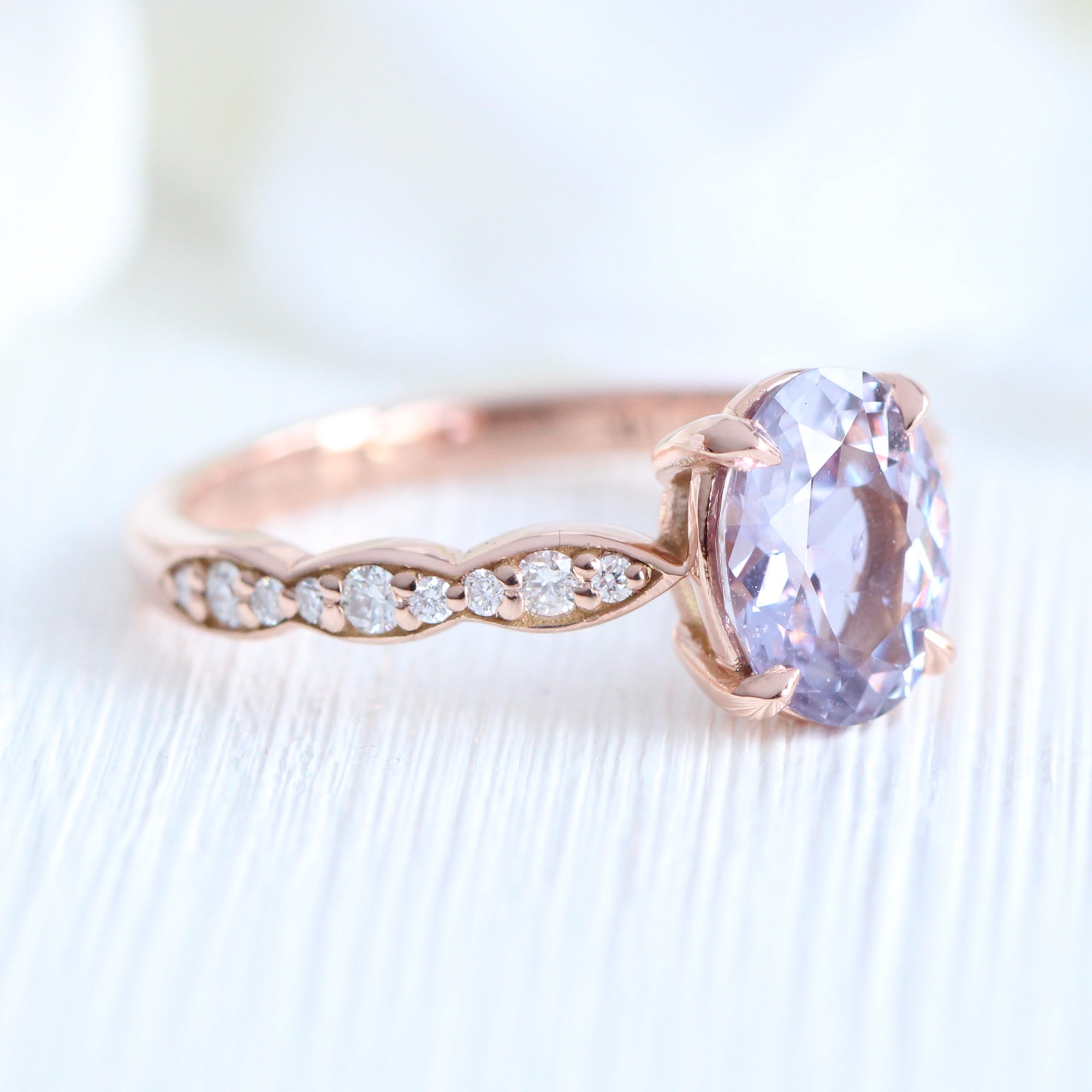 Oval lavender sapphire ring rose gold scalloped diamond band low set engagement ring la more design jewelry