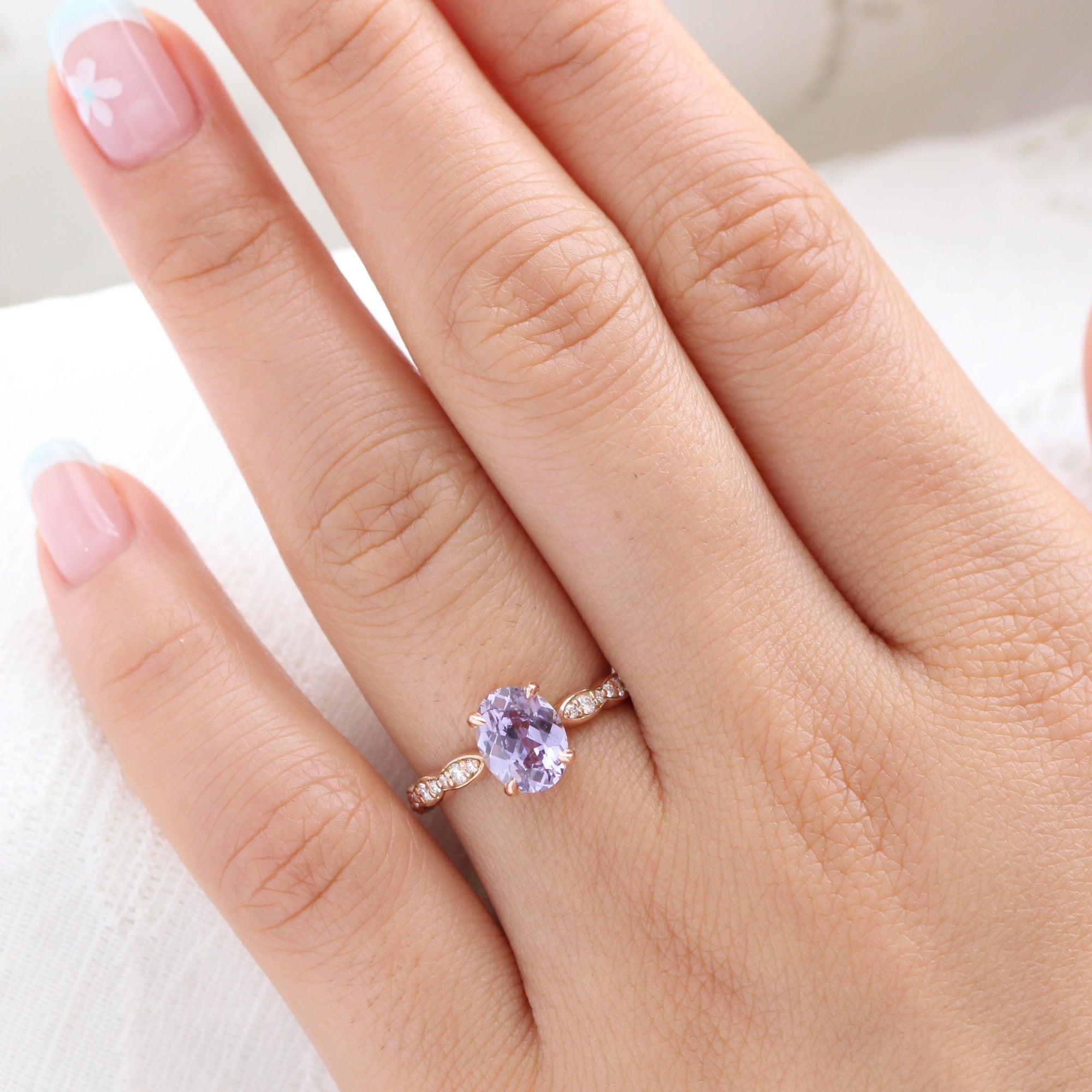 Oval lavender sapphire ring rose gold scalloped diamond band low set engagement ring la more design jewelry