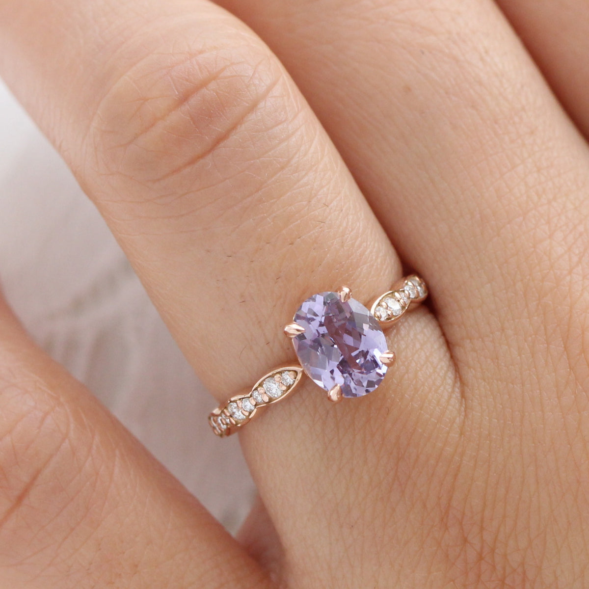 Oval lavender sapphire ring rose gold scalloped diamond band low set engagement ring la more design jewelry