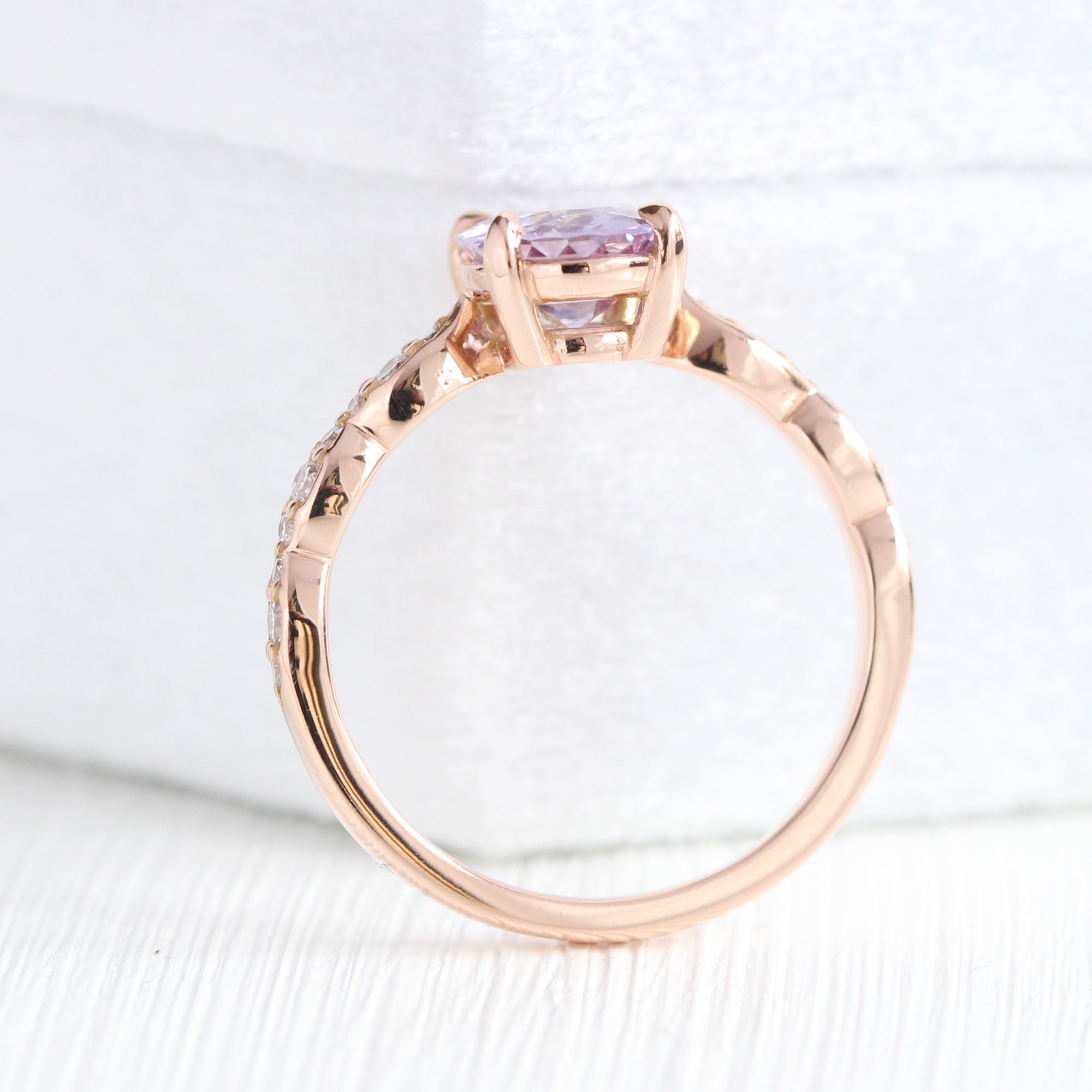 Oval lavender sapphire ring rose gold scalloped diamond band low set engagement ring la more design jewelry