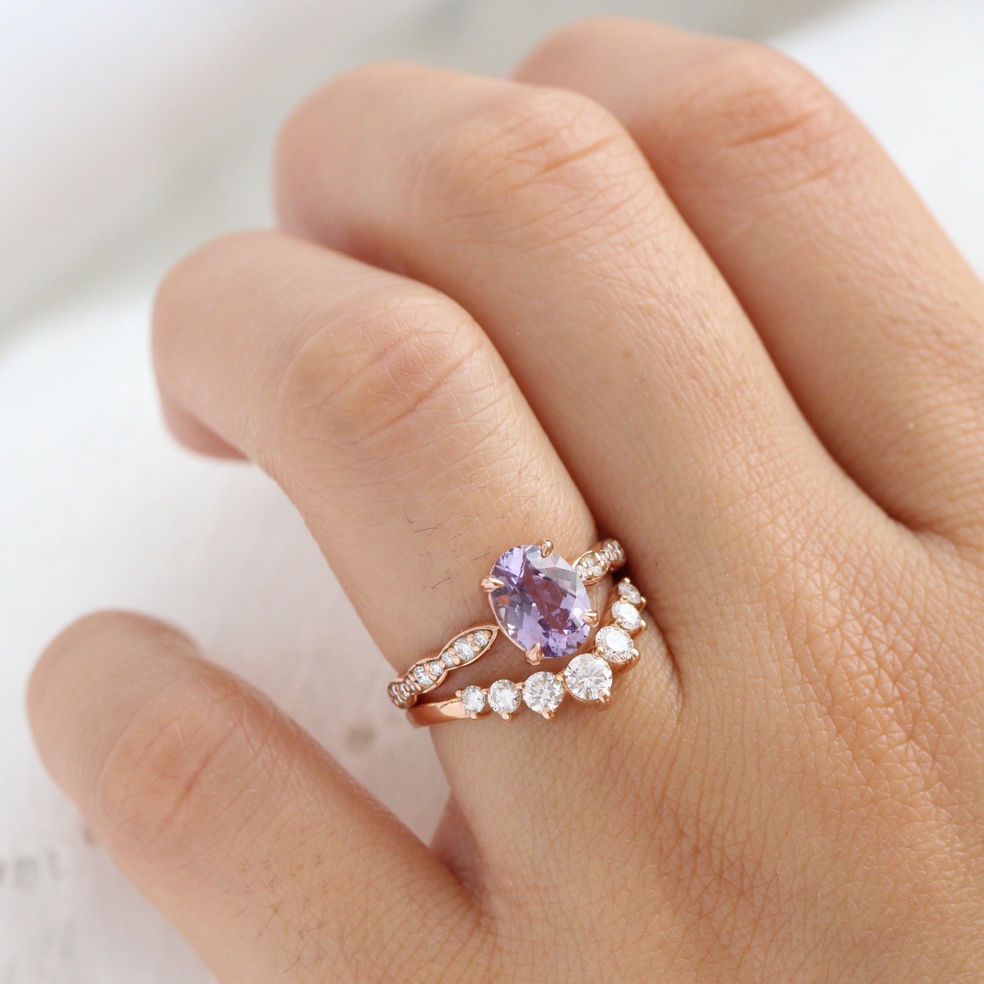 Oval lavender sapphire ring rose gold scalloped diamond band low set engagement ring la more design jewelry