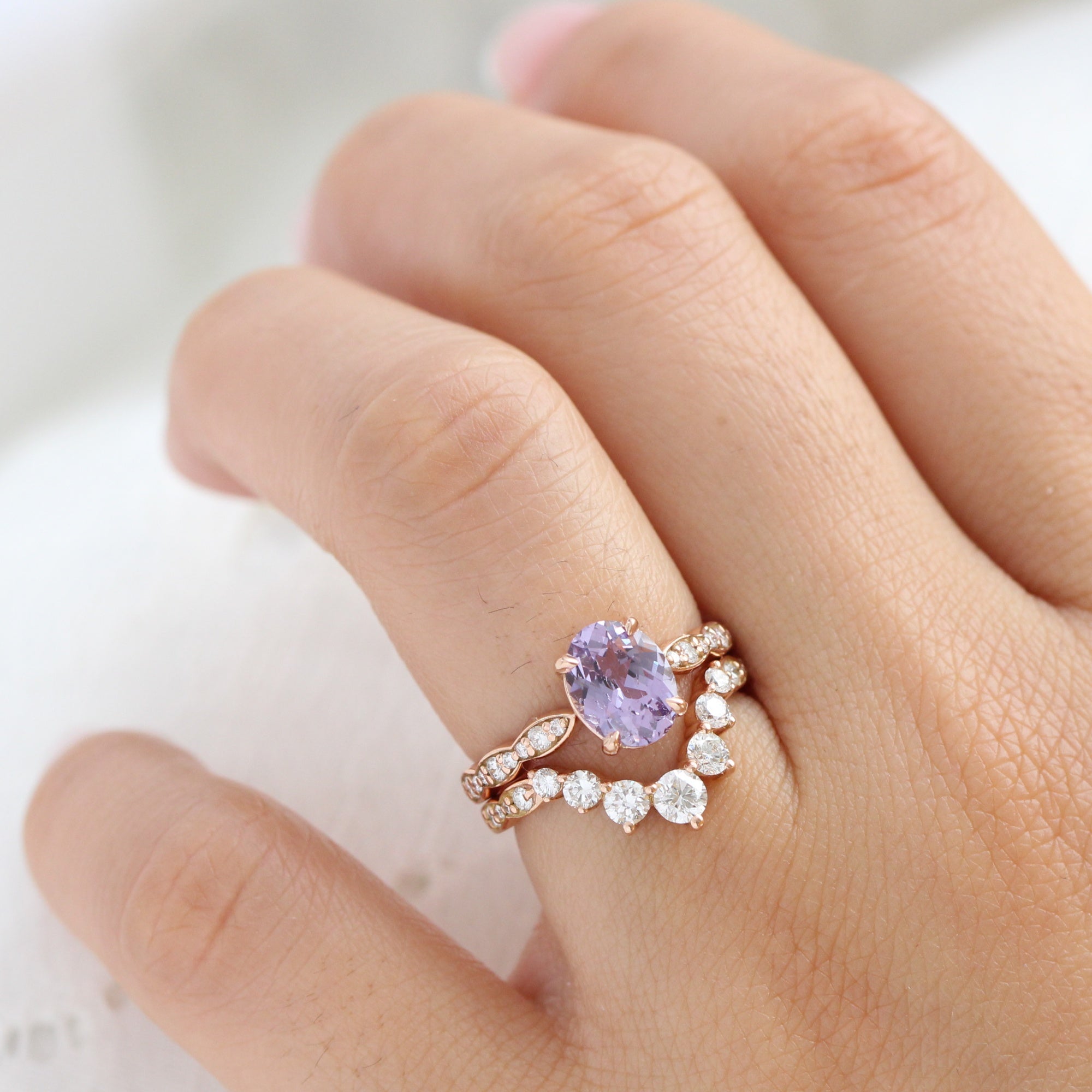 Oval lavender sapphire ring rose gold scalloped diamond band low set engagement ring la more design jewelry