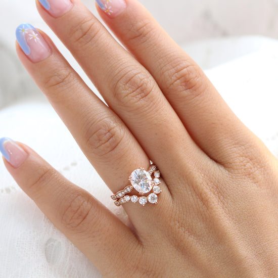 Oval Moissanite Solitaire Ring Rose Gold U Shaped Diamond Ring Set | La ...