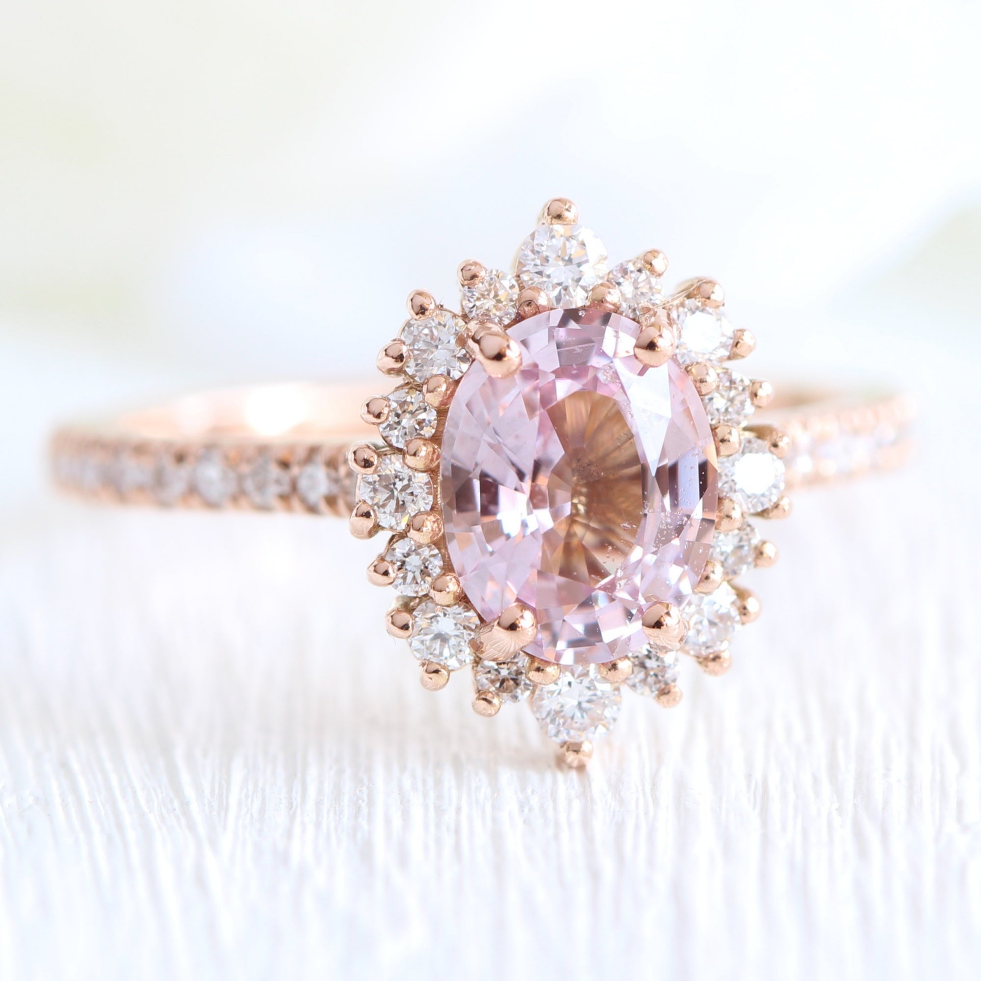 Oval padparadscha sapphire ring rose gold halo diamond engagement ring la more design jewelry