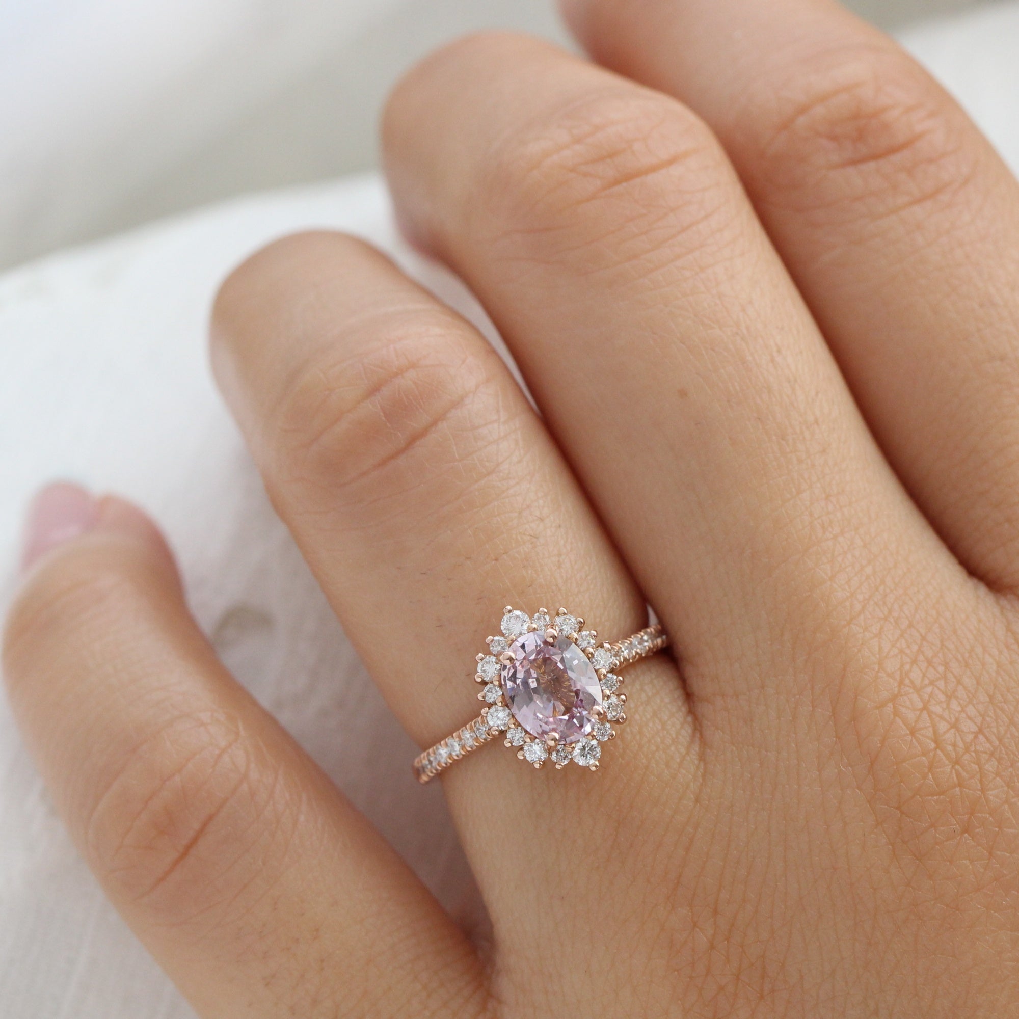 Oval padparadscha sapphire ring rose gold halo diamond engagement ring la more design jewelry