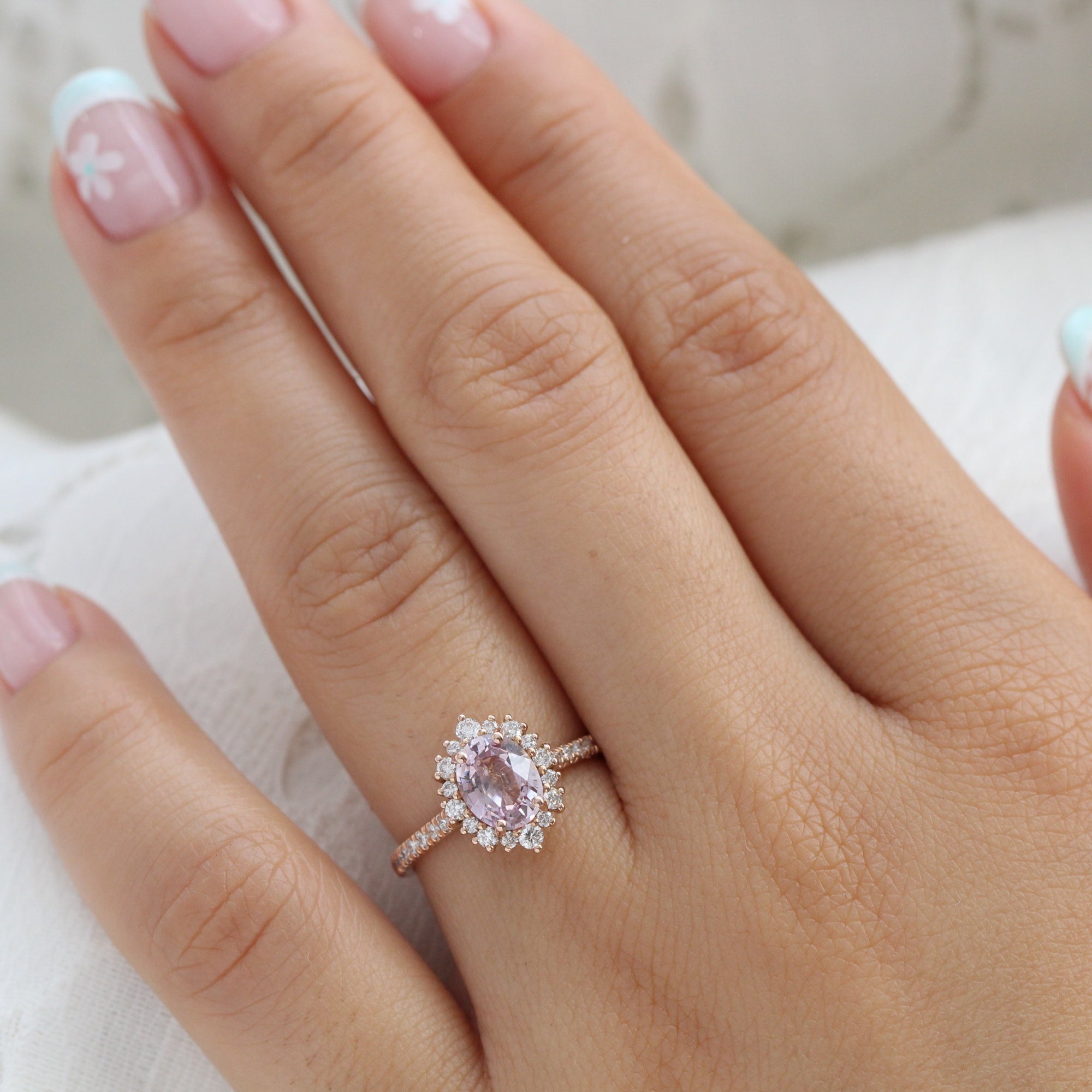 Oval padparadscha sapphire ring rose gold halo diamond engagement ring la more design jewelry