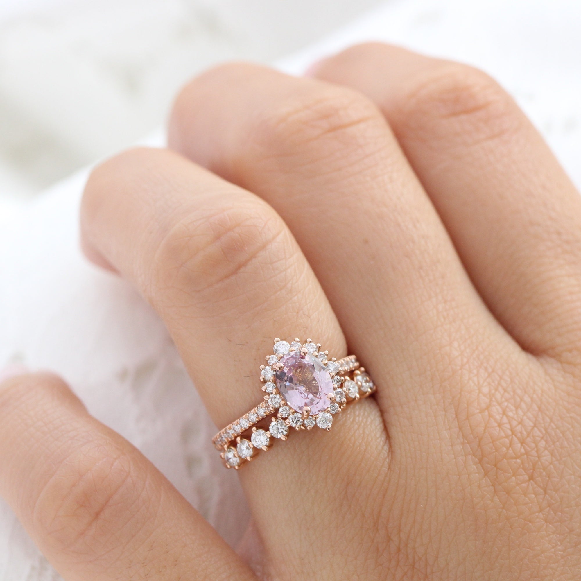 Oval padparadscha sapphire ring rose gold halo diamond engagement ring la more design jewelry