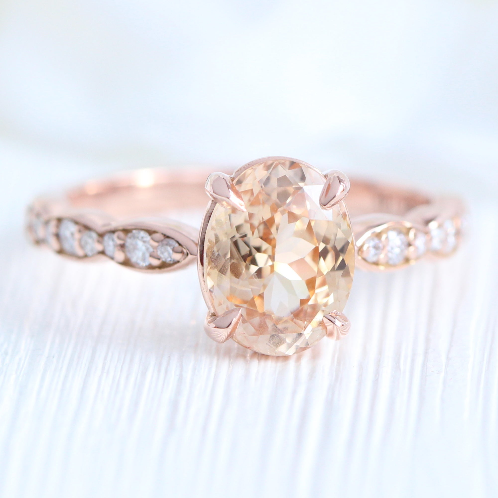 Oval peach sapphire ring rose gold diamond band low set engagement ring la more design jewelry