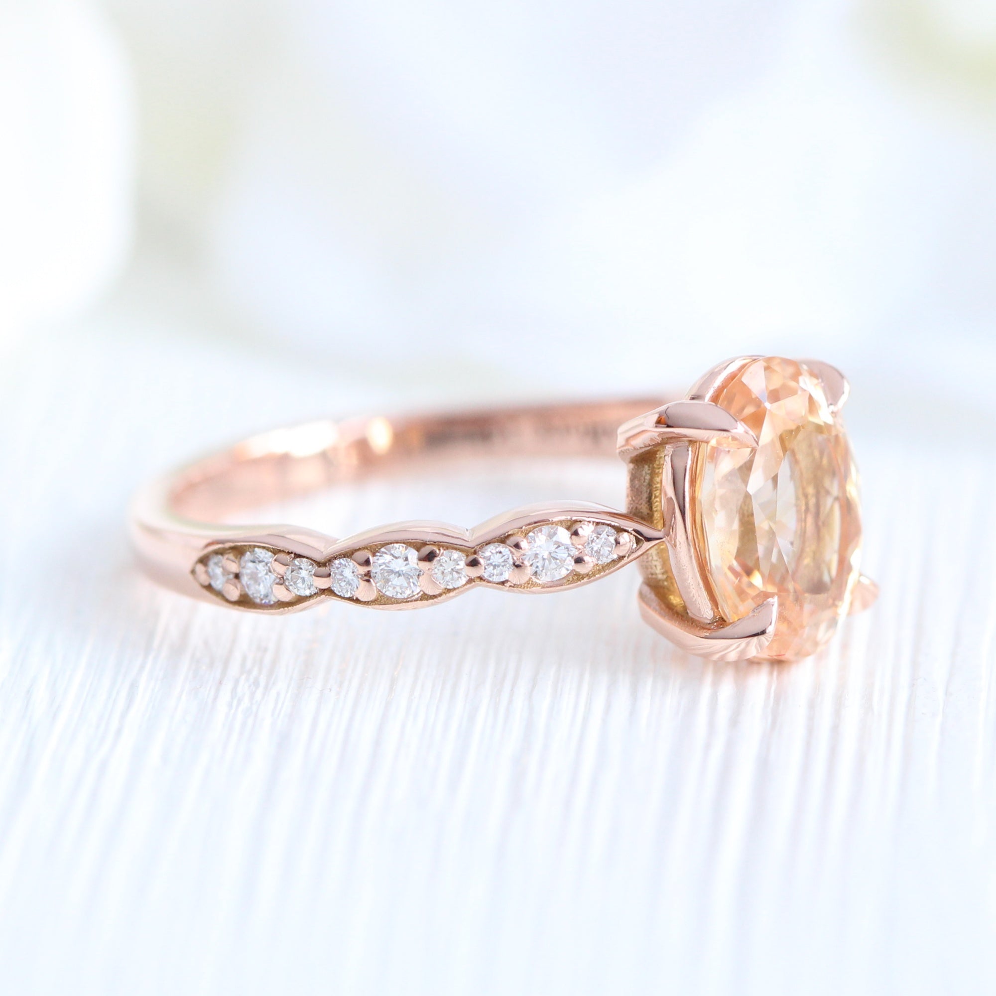 Oval peach sapphire ring rose gold diamond band low set engagement ring la more design jewelry