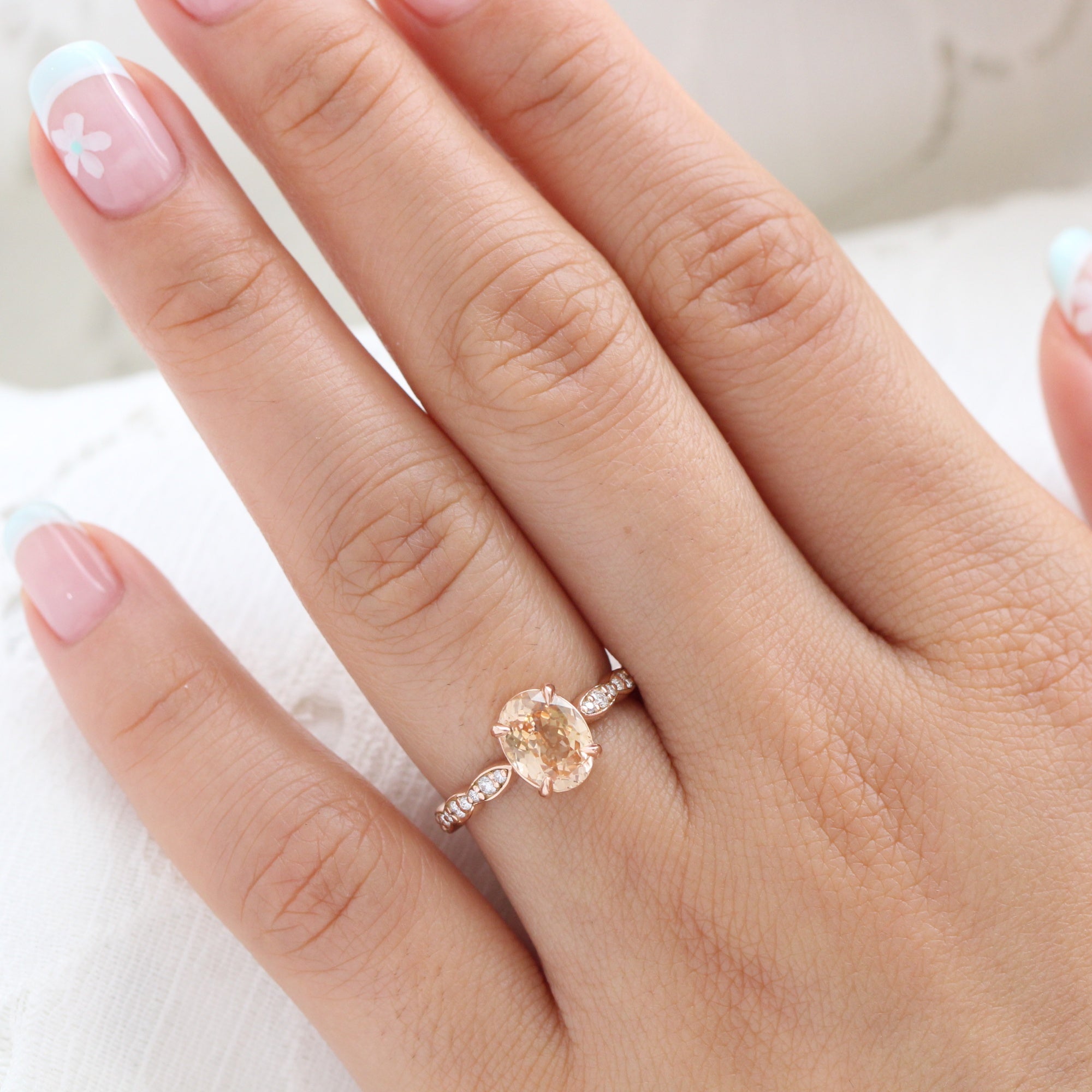 Oval peach sapphire ring rose gold diamond band low set engagement ring la more design jewelry