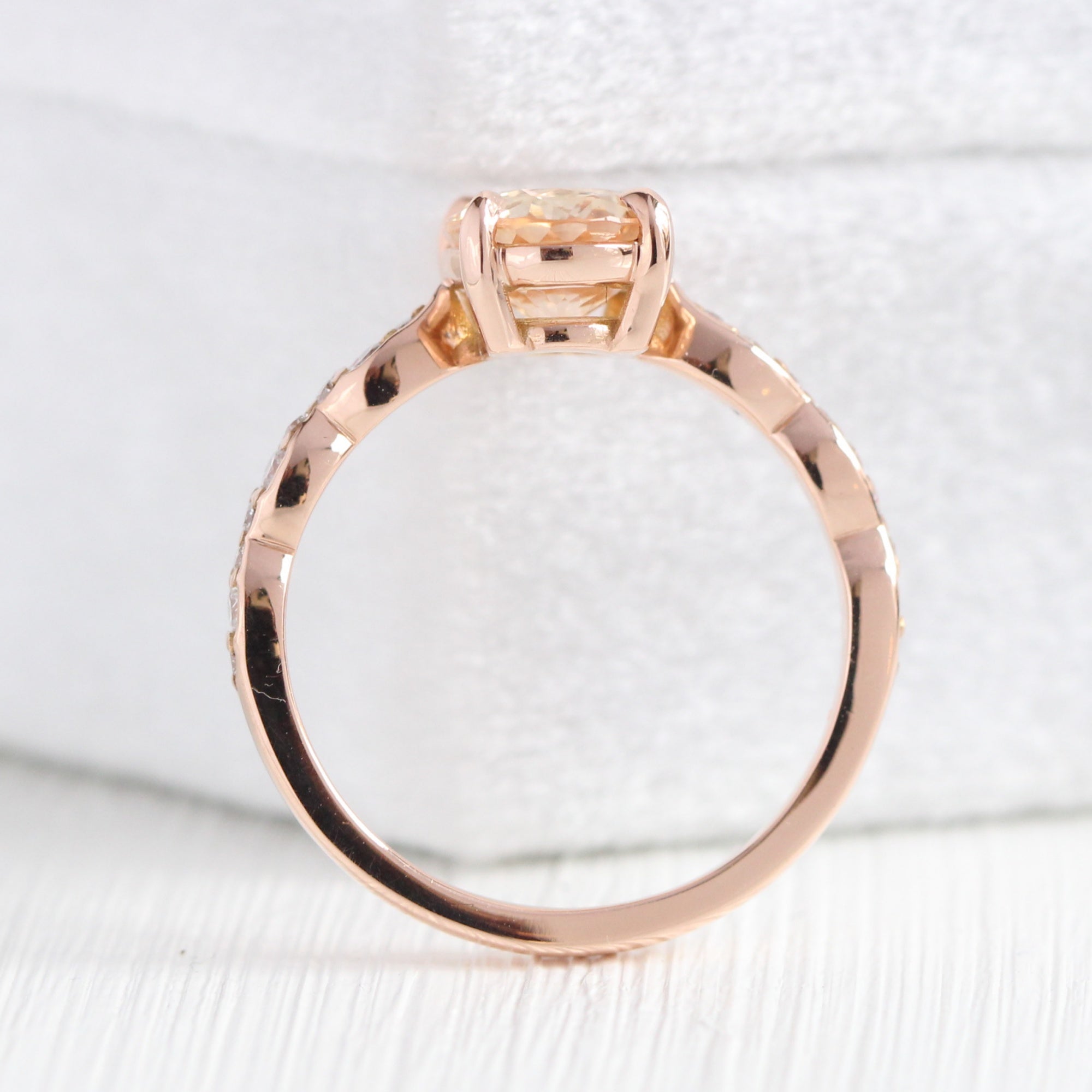 Oval peach sapphire ring rose gold diamond band low set engagement ring la more design jewelry