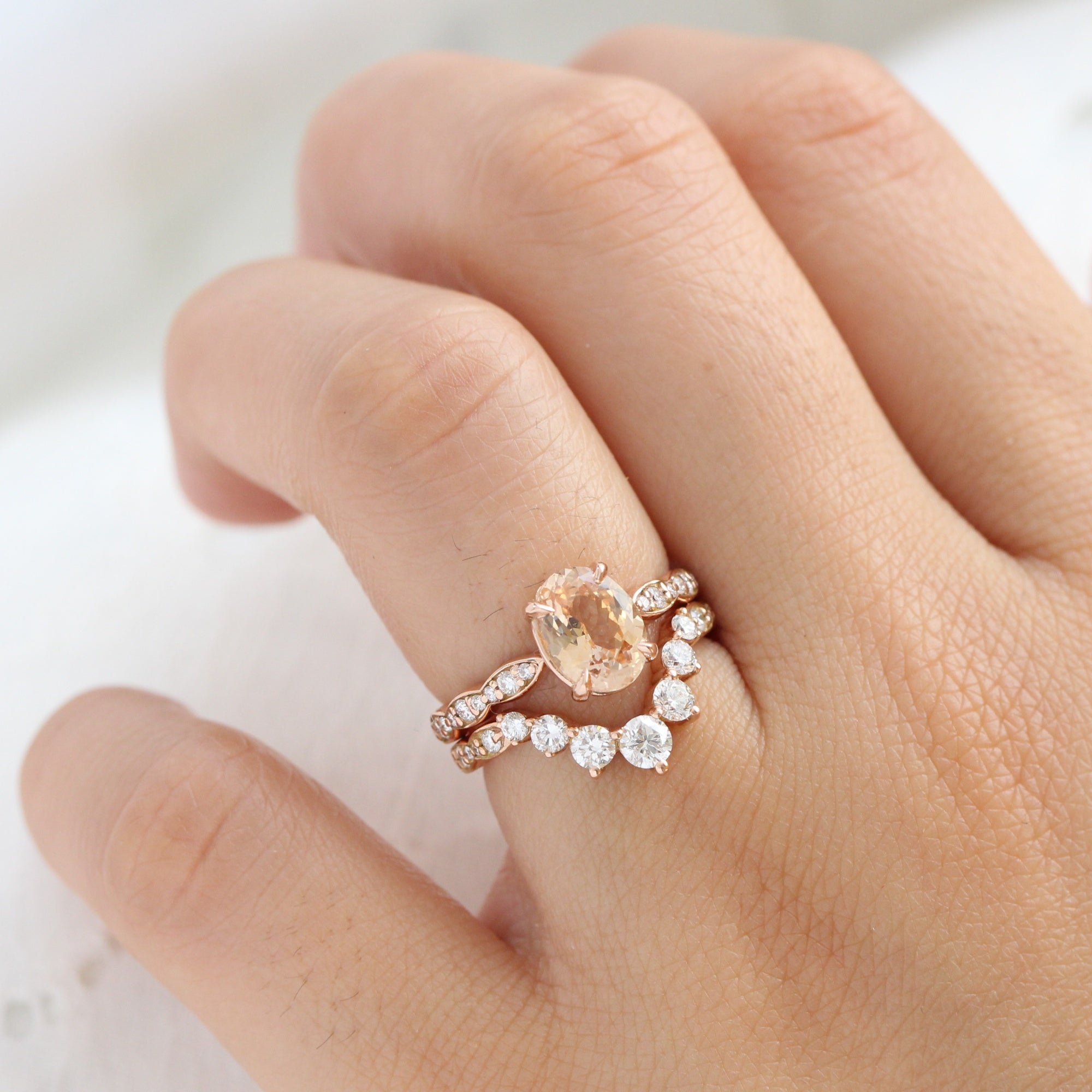 Oval peach sapphire ring rose gold diamond band low set engagement ring la more design jewelry