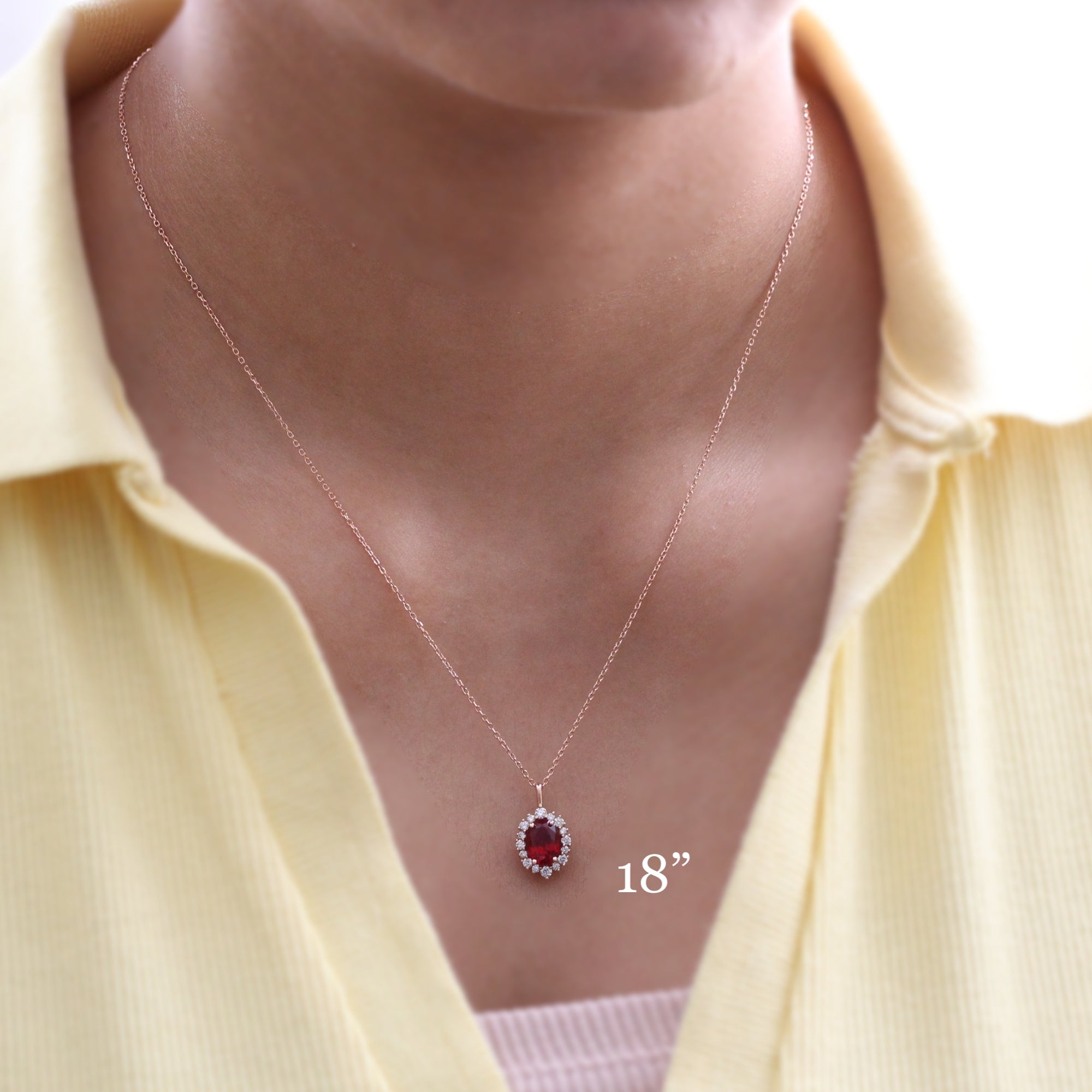 Oval Ruby Necklace Rose Gold Halo Diamond Pendant July Birthstone