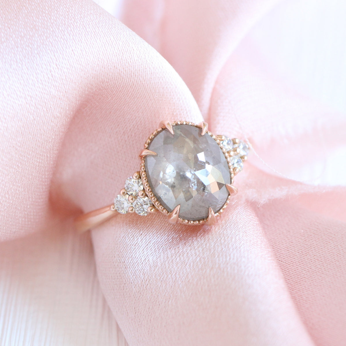 Large Oval Salt and Pepper Diamond Ring Rose Gold Vintage 3 Stone Ring ...