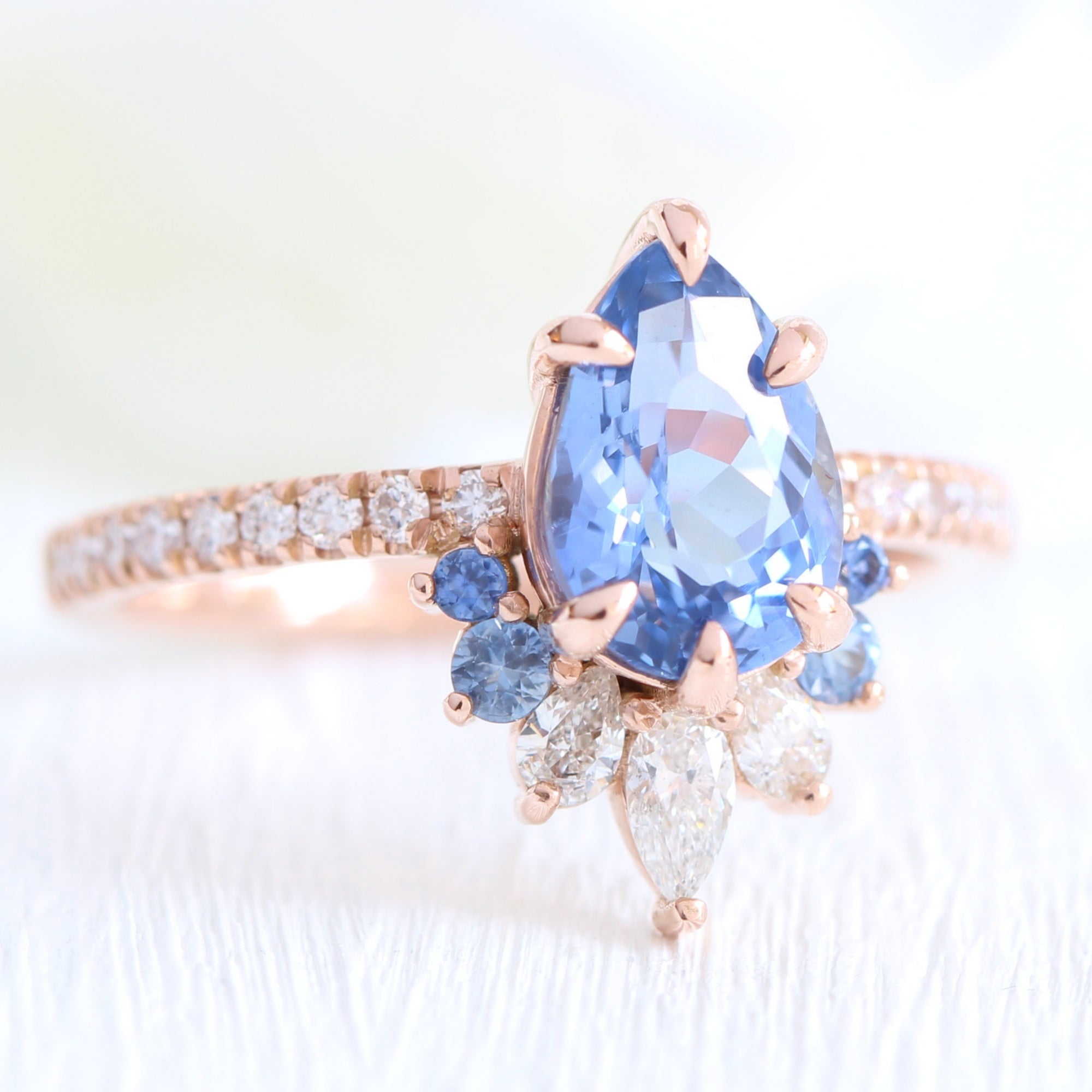 Pear aqua blue sapphire ring rose gold cluster diamond ring peacock ring la more design jewelry