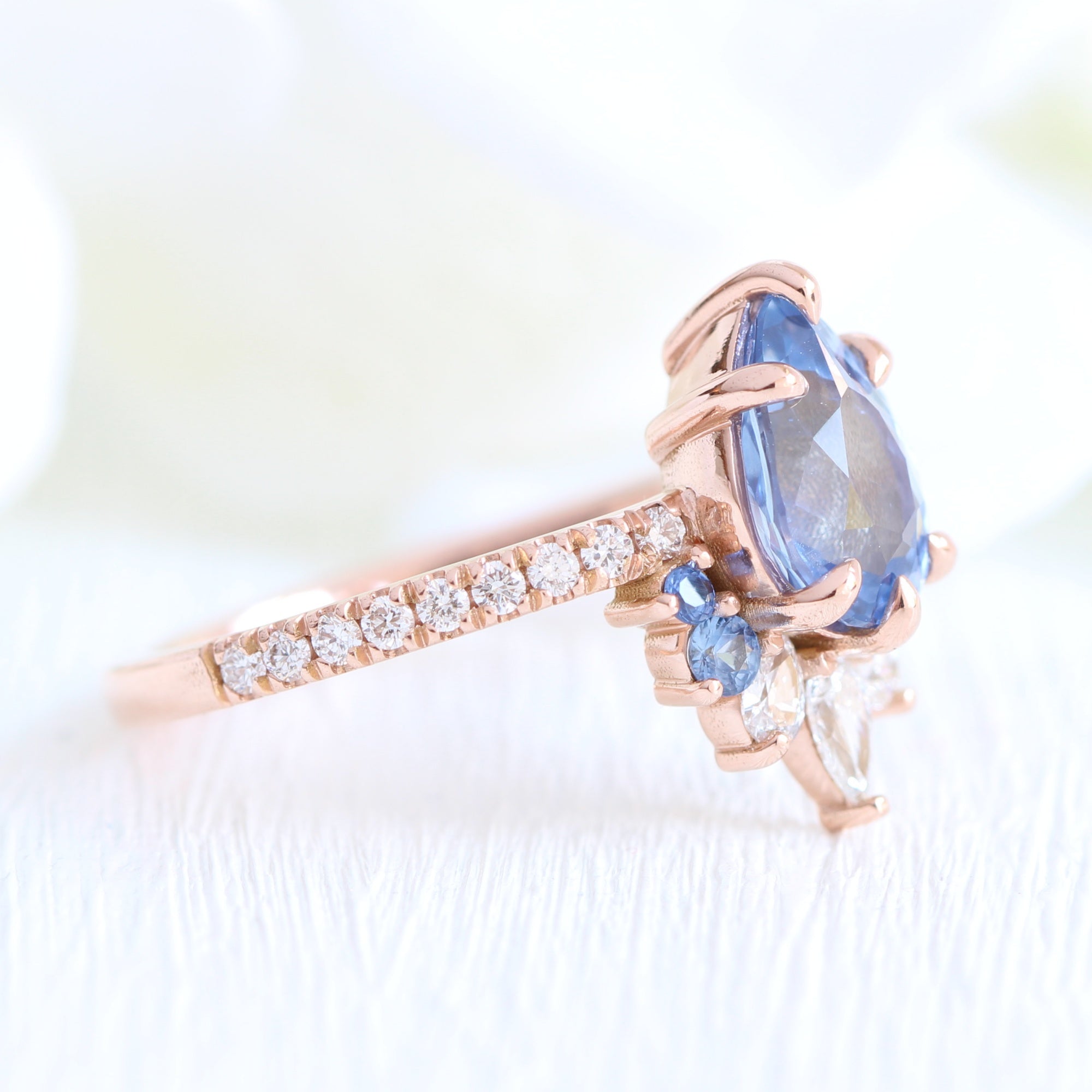 Pear aqua blue sapphire ring rose gold cluster diamond ring peacock ring la more design jewelry