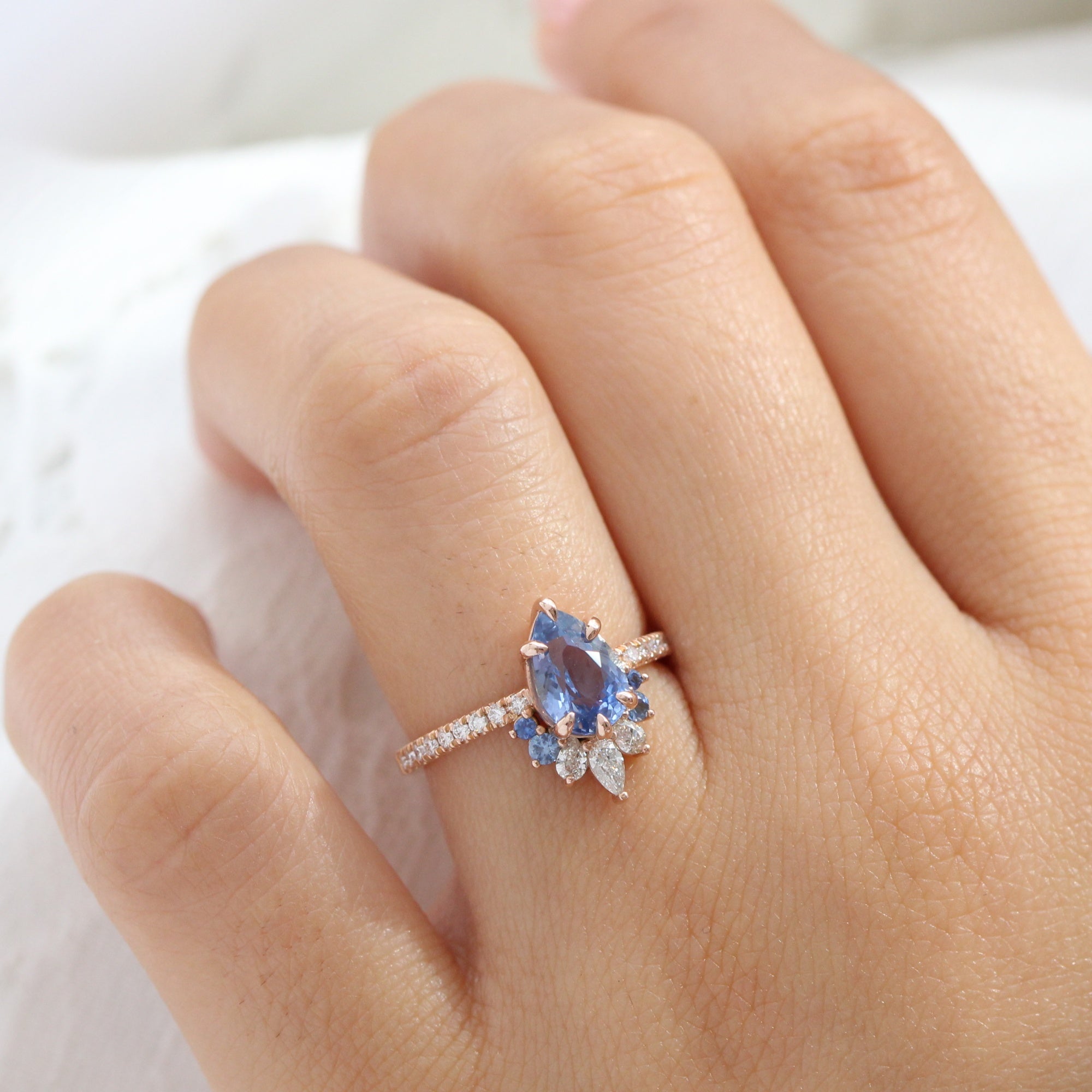 Pear aqua blue sapphire ring rose gold cluster diamond ring peacock ring la more design jewelry