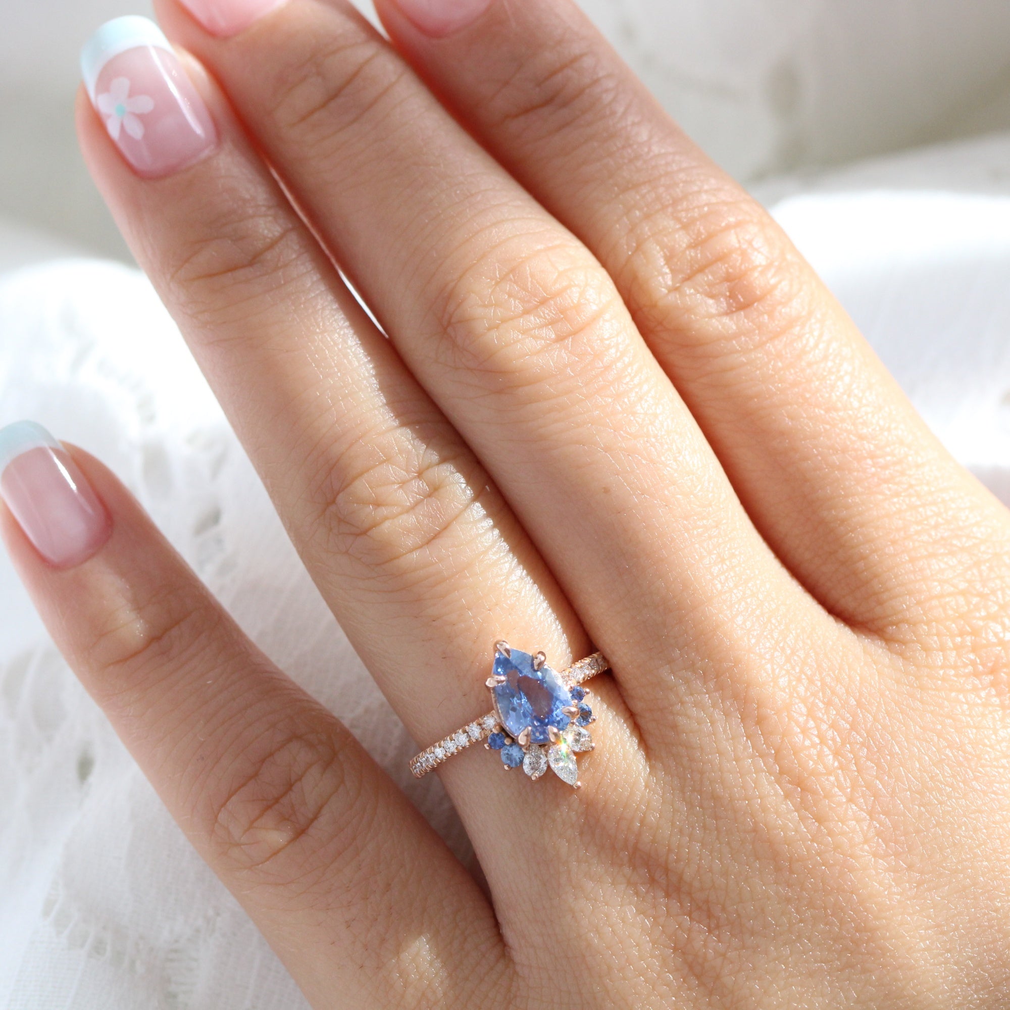 Pear aqua blue sapphire ring rose gold cluster diamond ring peacock ring la more design jewelry