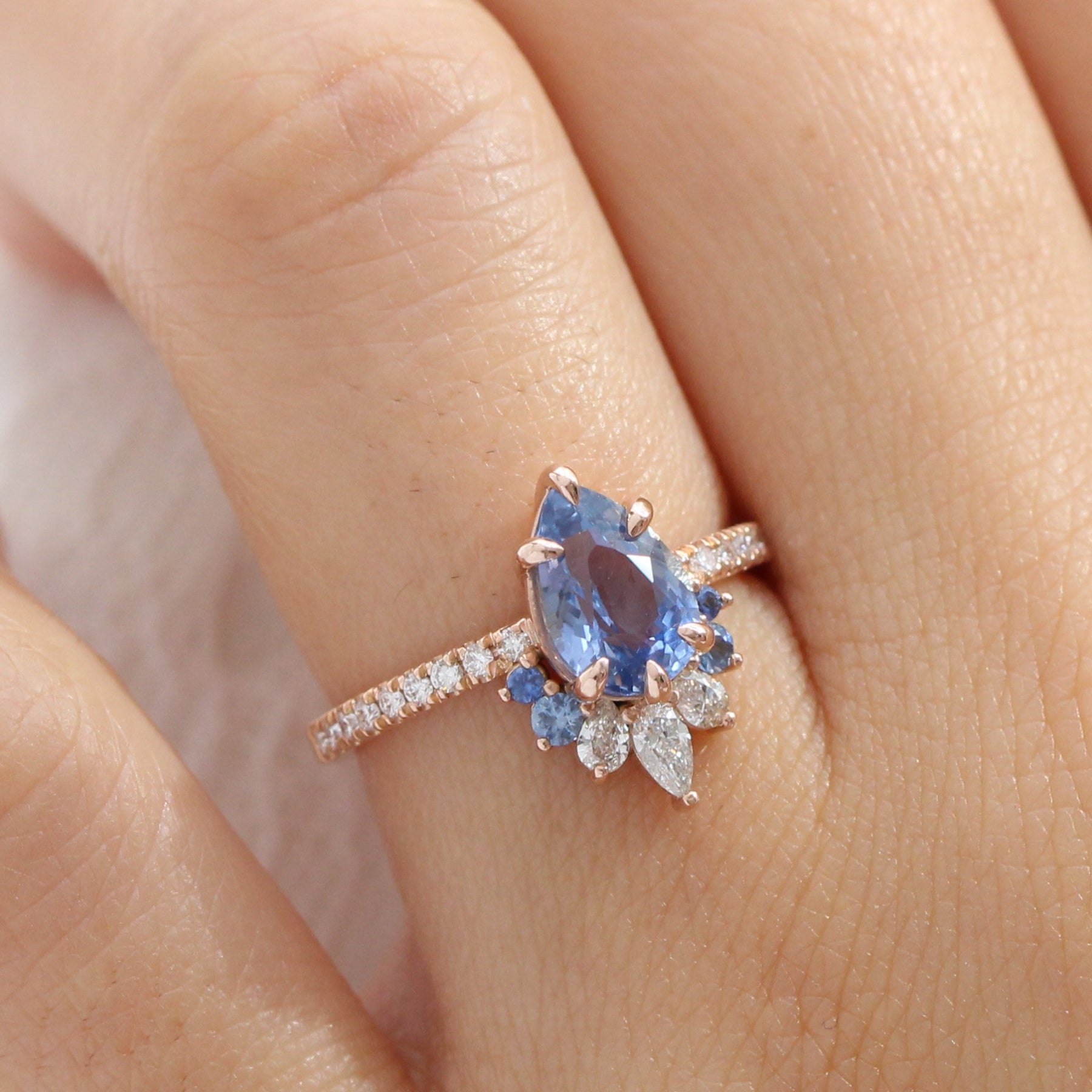 Pear aqua blue sapphire ring rose gold cluster diamond ring peacock ring la more design jewelry