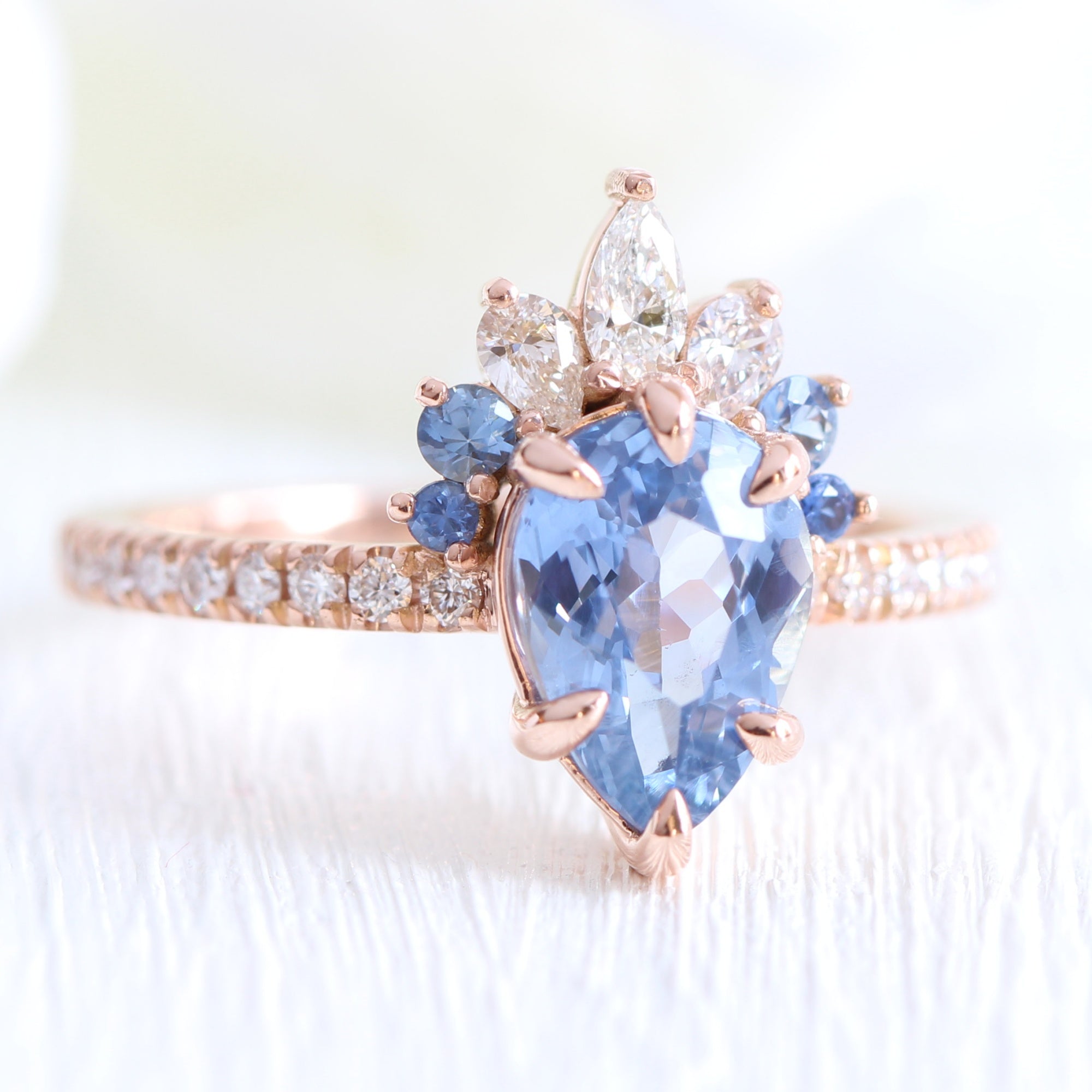 Pear aqua blue sapphire ring rose gold cluster diamond ring peacock ring la more design jewelry