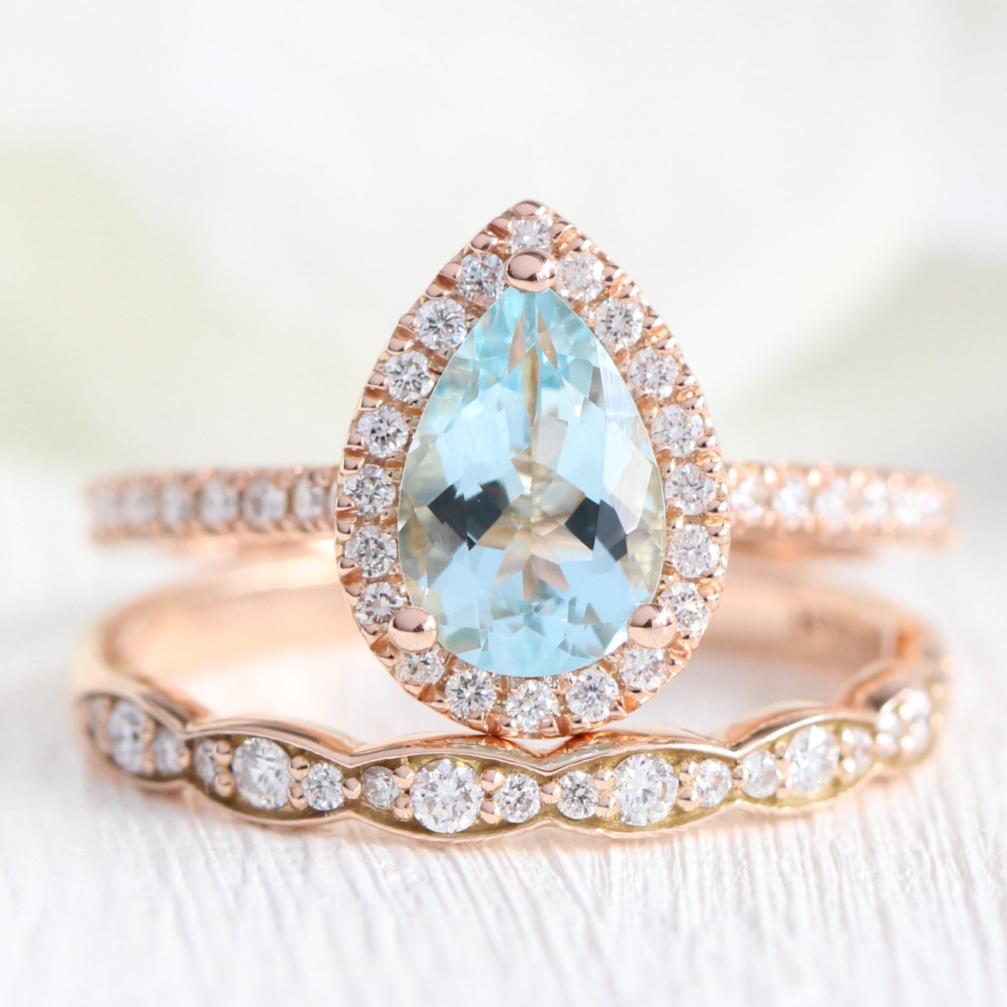 Aquamarine Ring Set Vintage Pear Shaped Aquamarine Engagement Ring Set Unique Halo Rose Gold Engagement Ring Women Moissanite Promise Ring 1pc