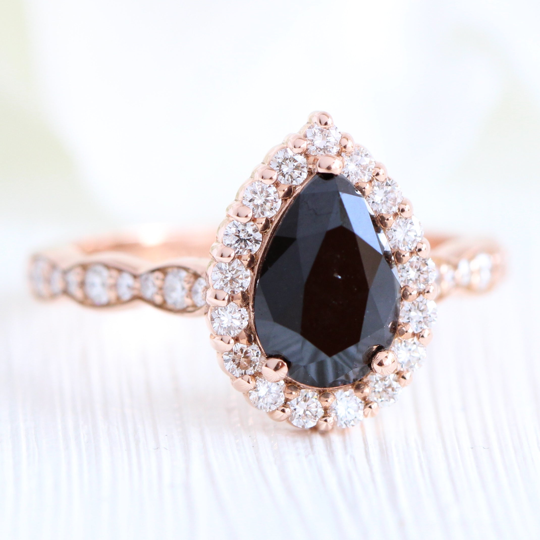 Pear black diamond engagement ring rose gold halo diamond band by la more design jewelry