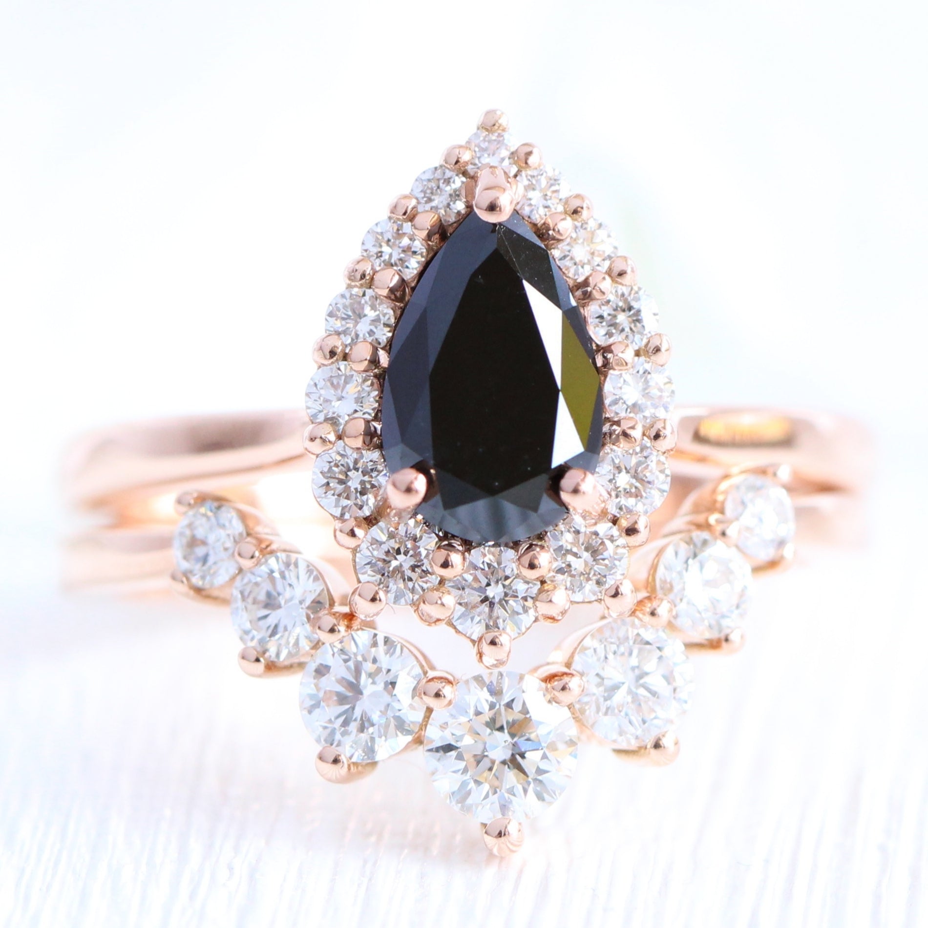 Pear black diamond engagement ring rose gold large diamond wedding band bridal ring set la more design jewelry