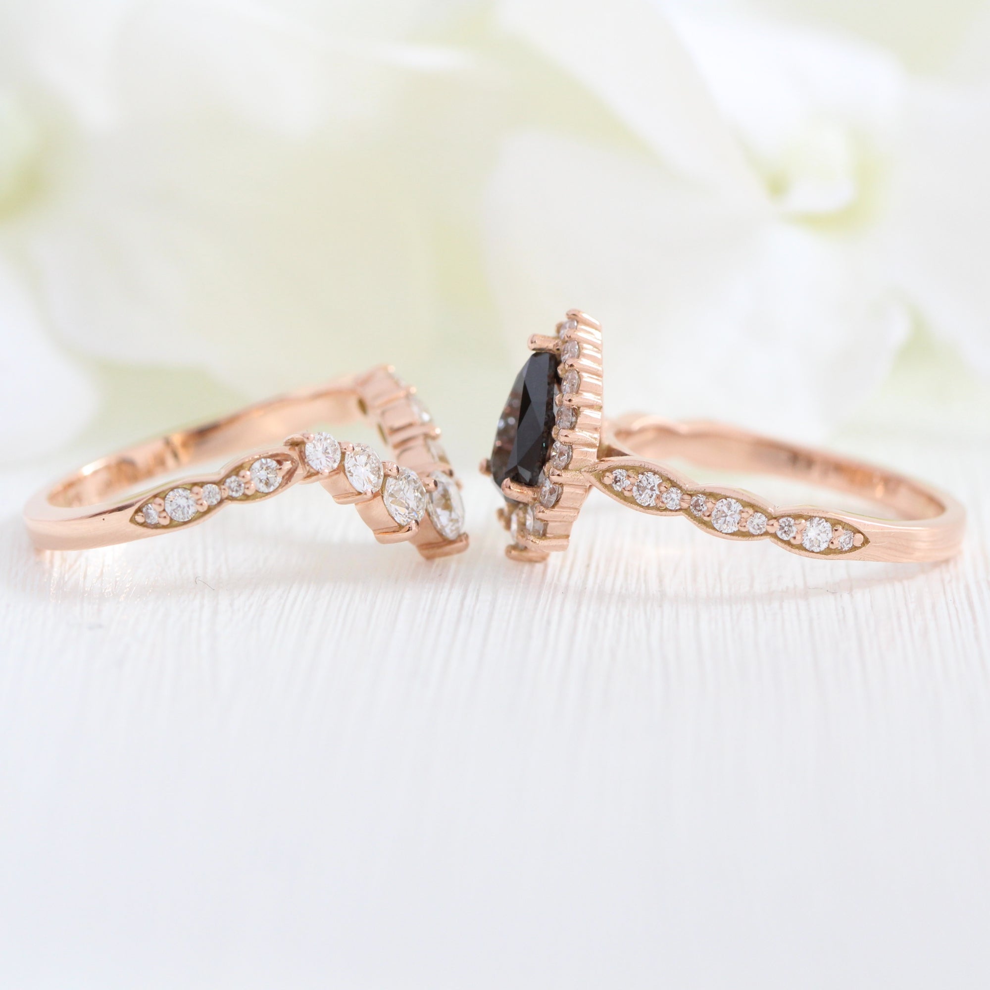 Pear black diamond engagement ring rose gold large diamond wedding band bridal ring set la more design jewelry