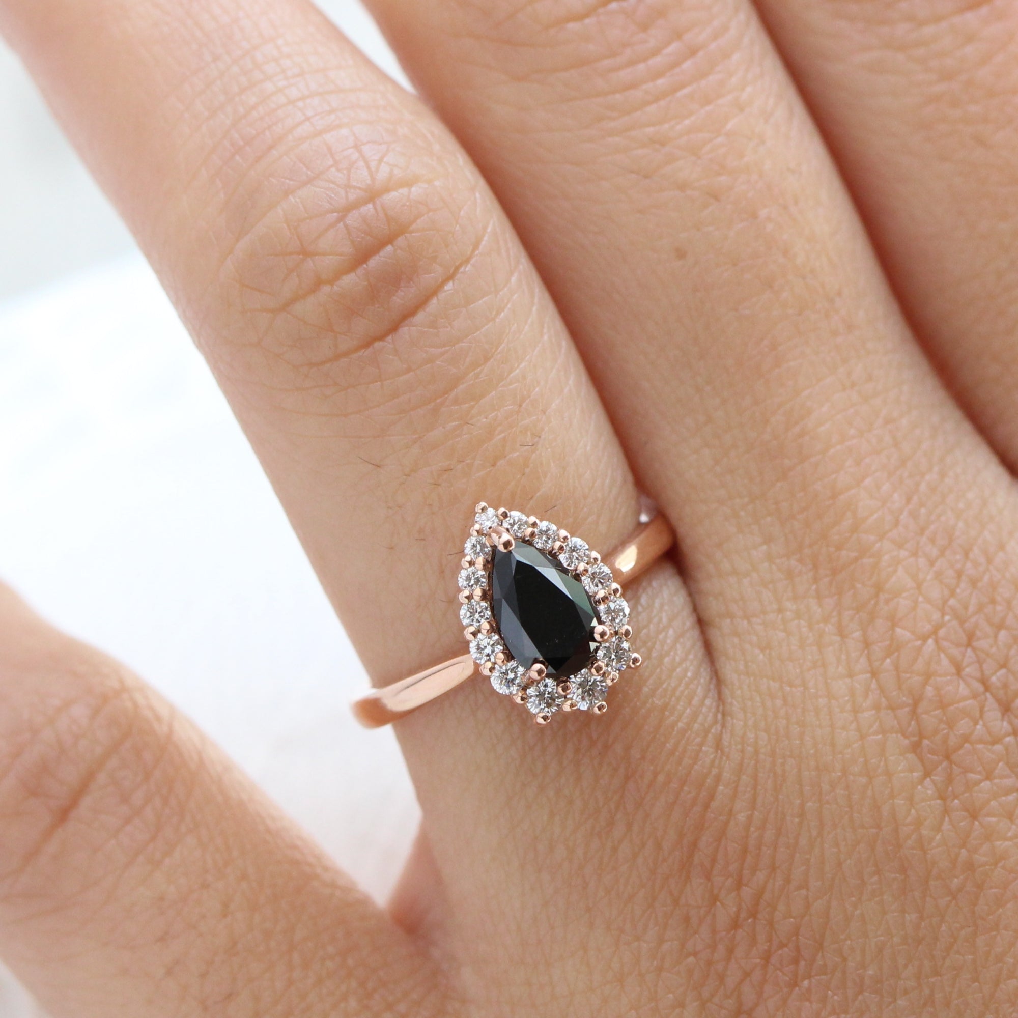 Pear black diamond engagement ring rose gold large halo ring la more design jewelry