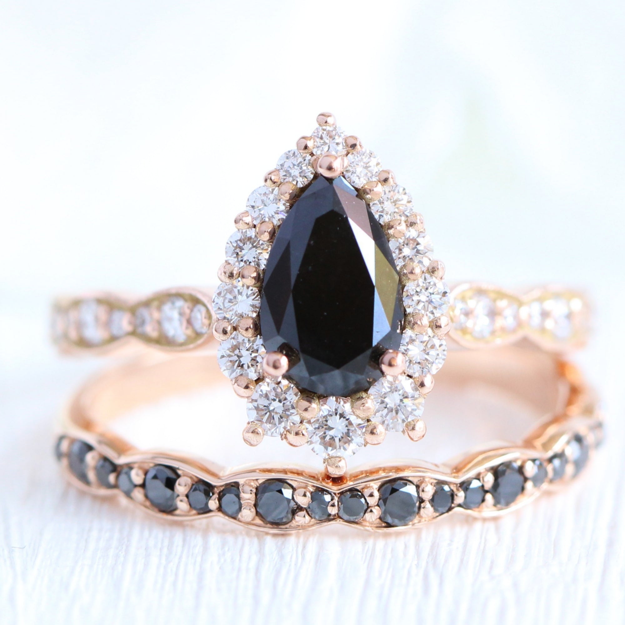 Pear black diamond engagement ring rose gold matching diamond wedding band bridal ring set la more design jewelry