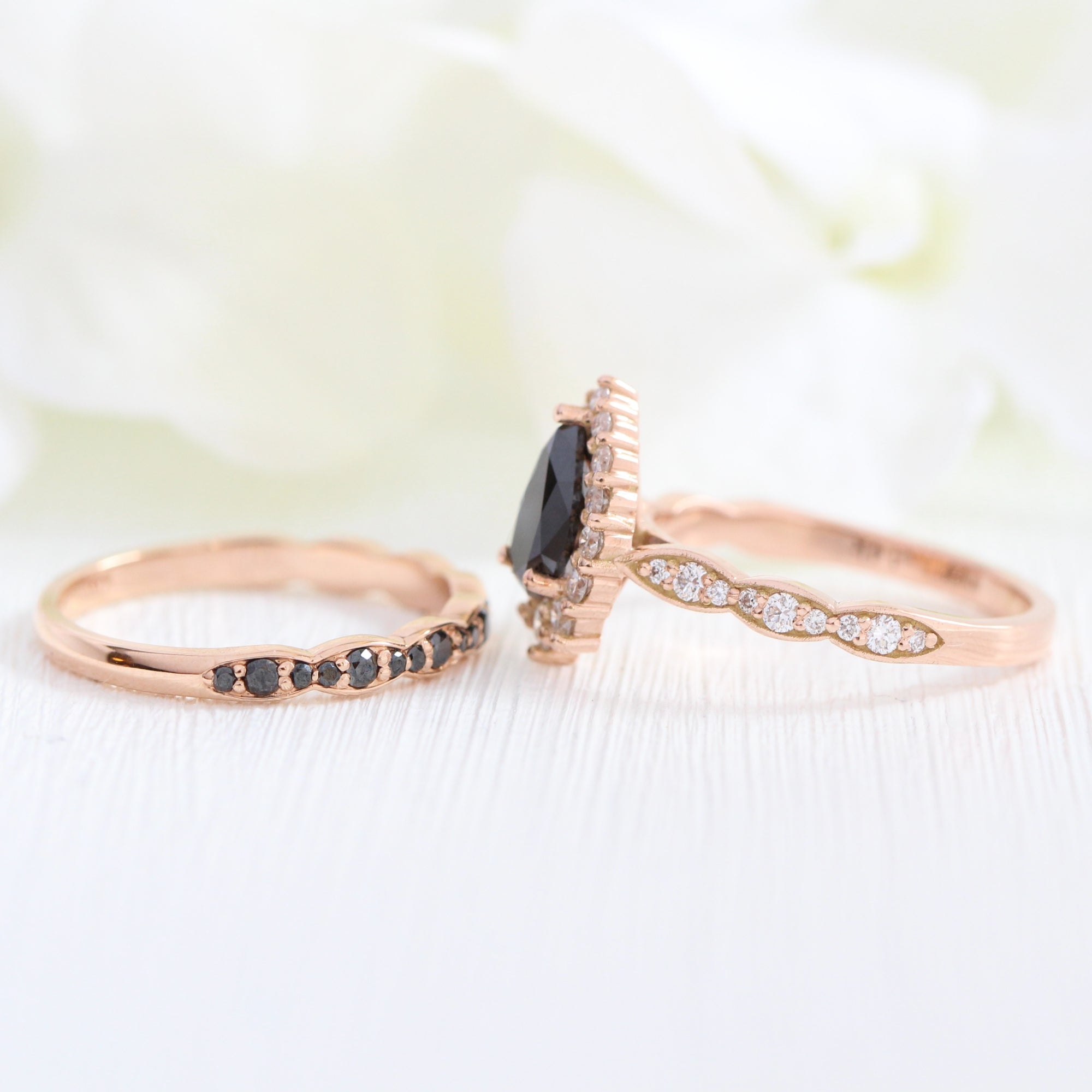 Pear black diamond engagement ring rose gold matching diamond wedding band bridal ring set la more design jewelry