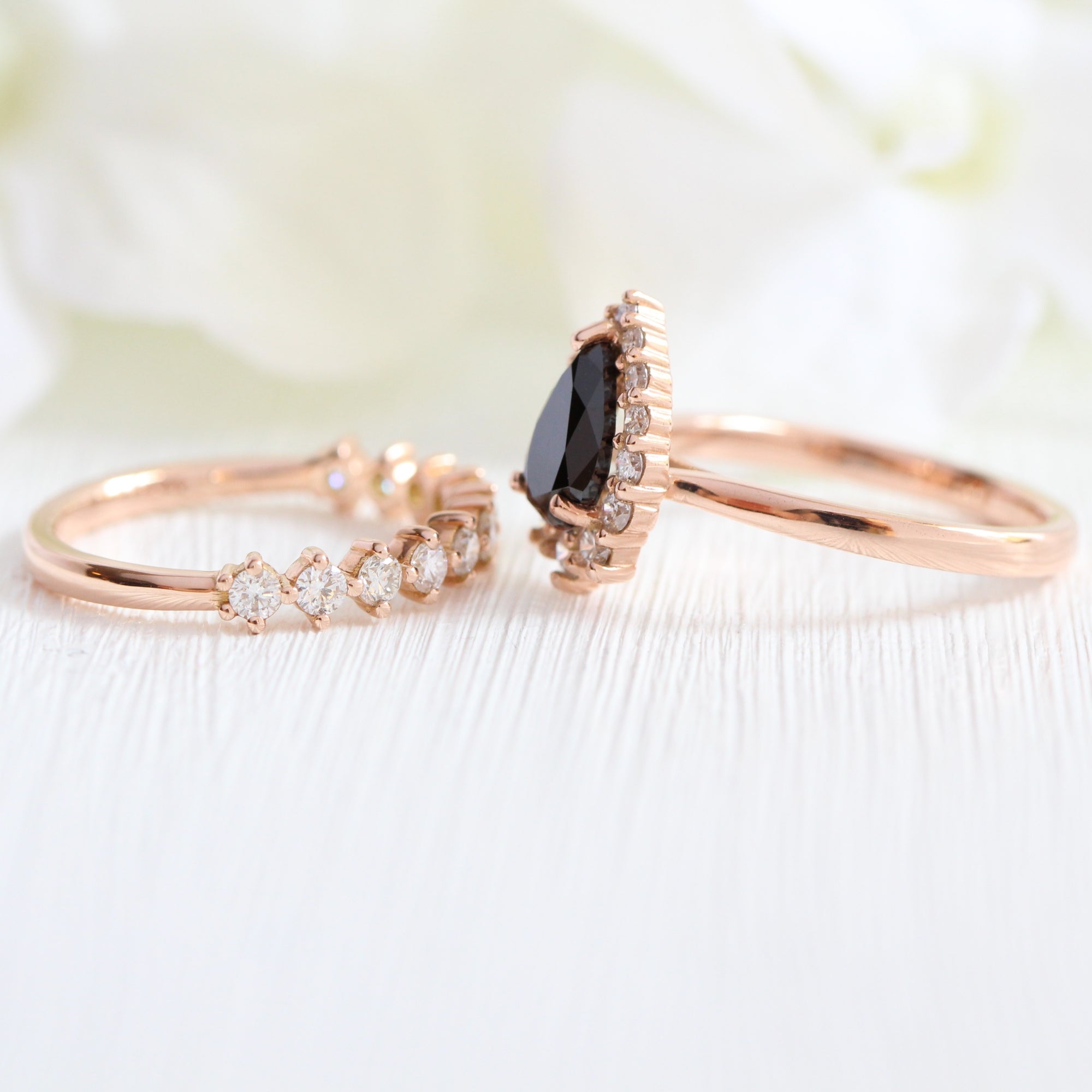 Pear black diamond engagement ring rose gold matching diamond wedding band bridal ring set la more design jewelry