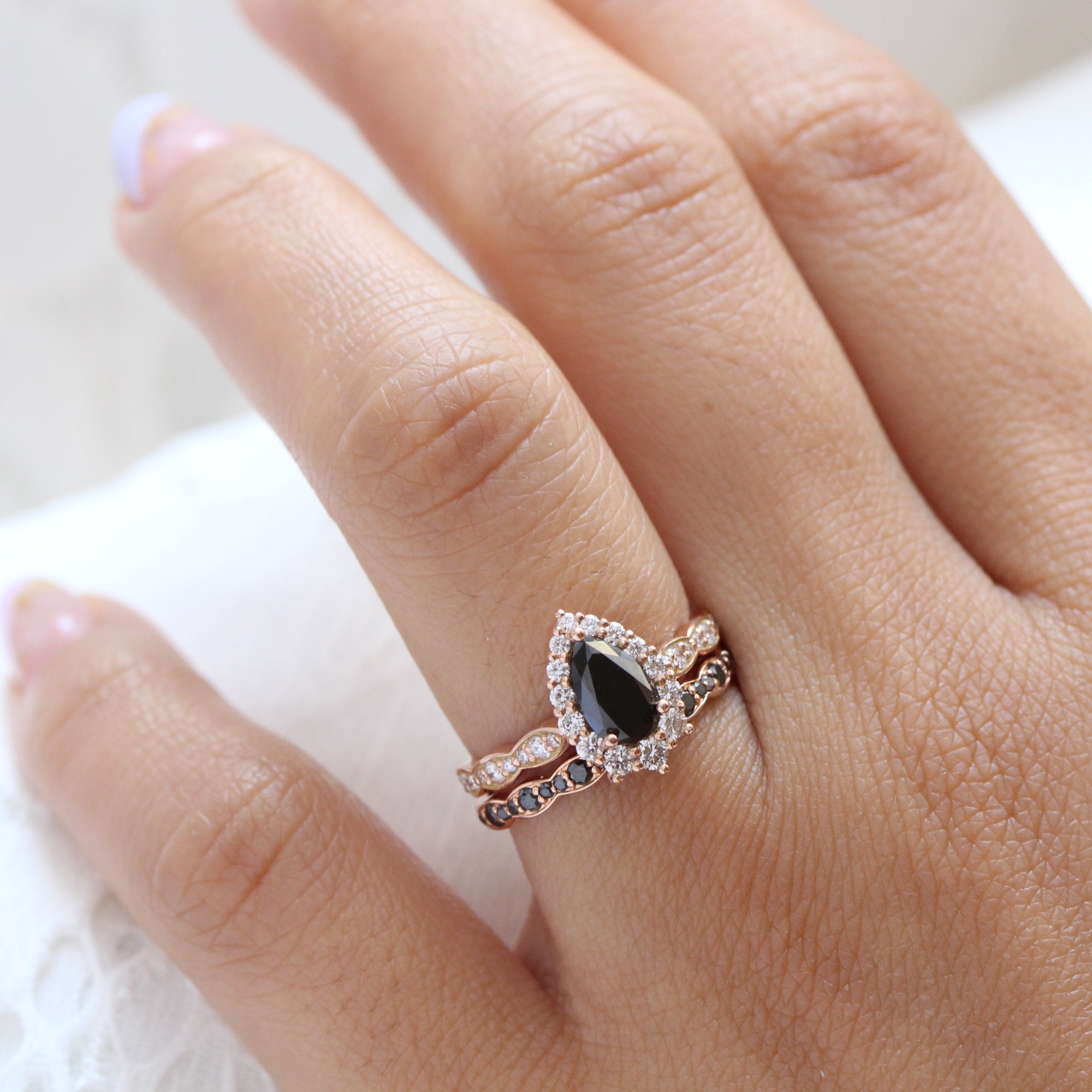 Pear black diamond engagement ring rose gold matching diamond wedding band bridal ring set la more design jewelry