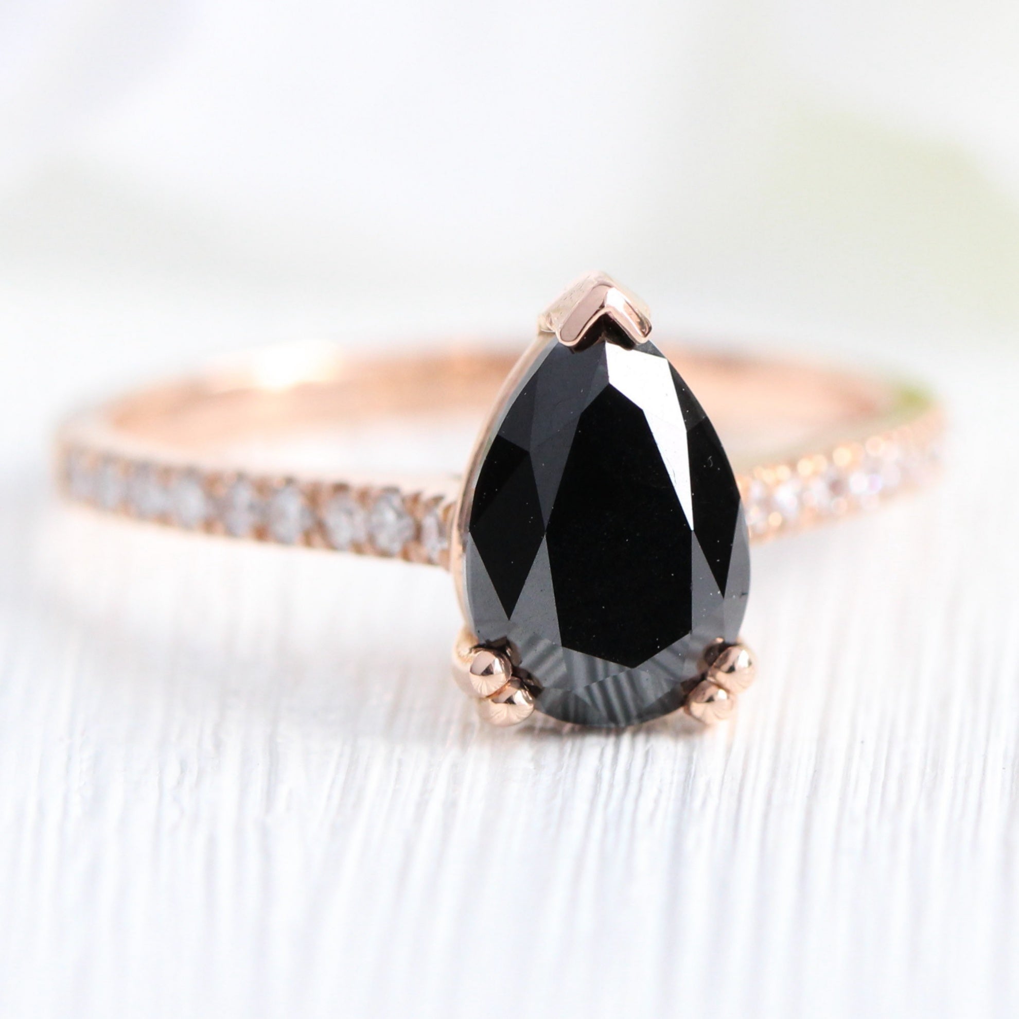 Pear black diamond engagement ring rose gold solitaire ring pave band la more design jewelry