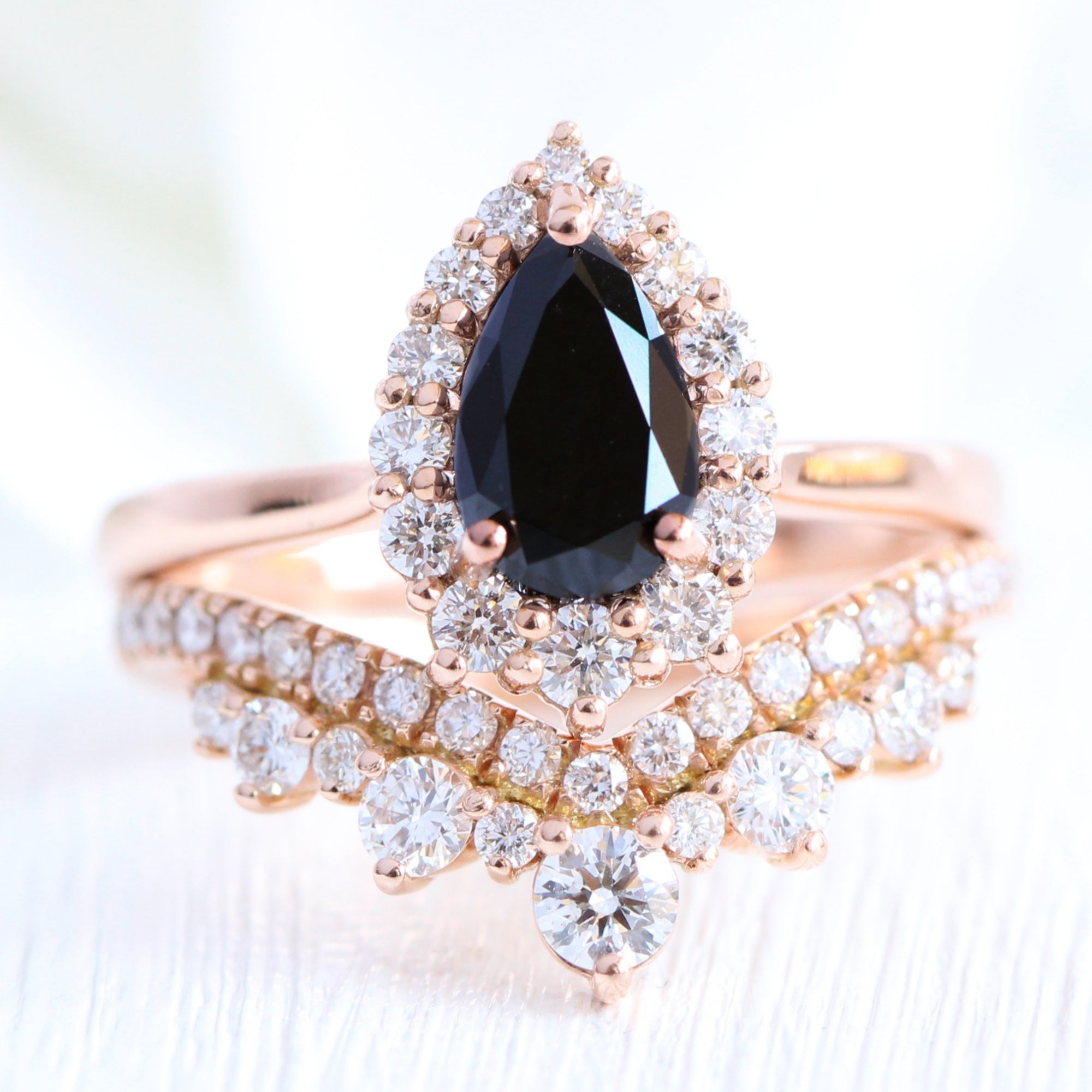 Pear black diamond engagement ring rose gold v shaped diamond wedding band bridal ring set la more design jewelry