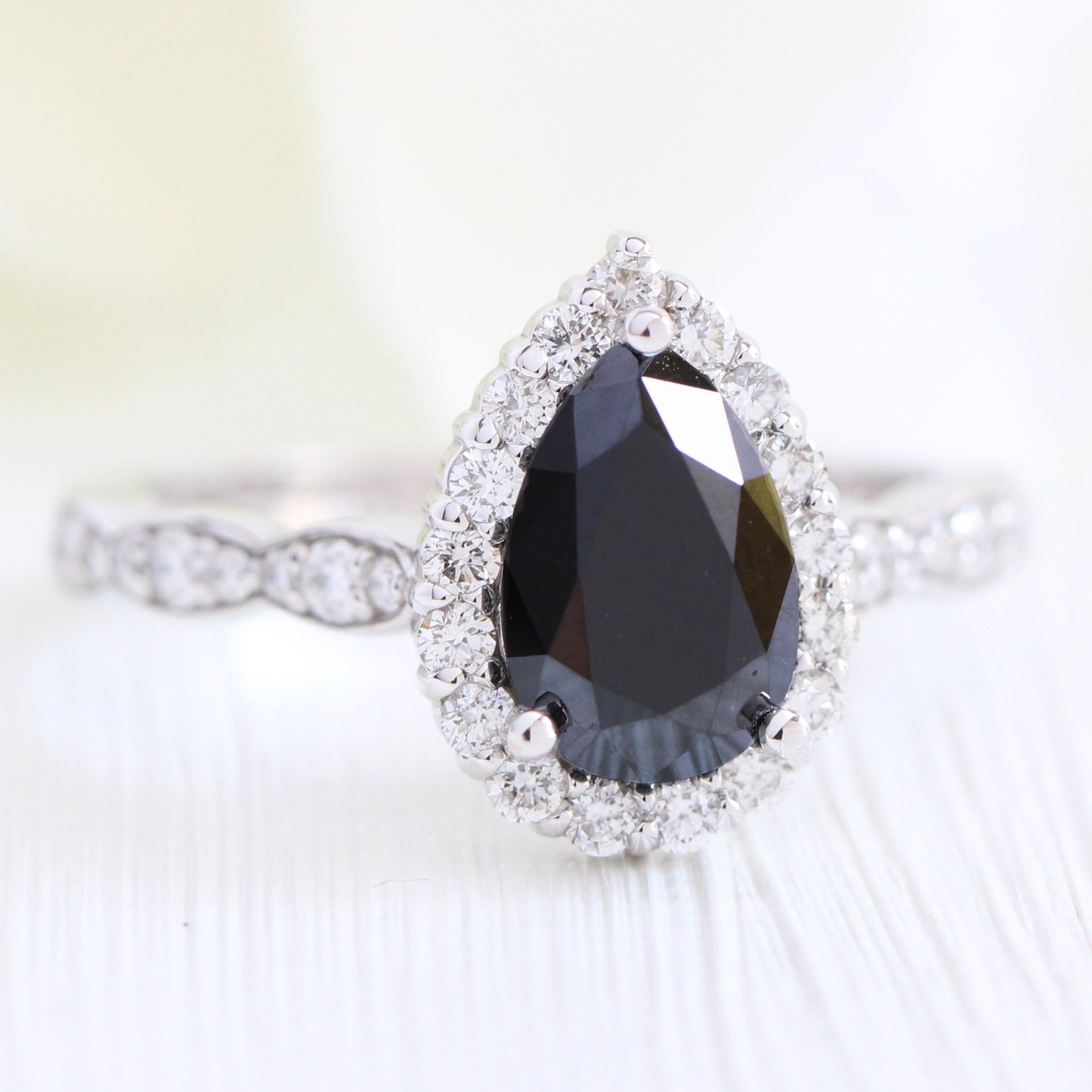 Pear Black Diamond Ring Engagement Gold Half Diamond Wedding Band | La ...