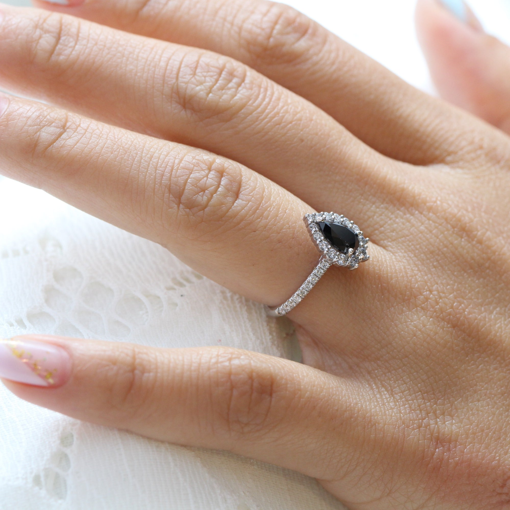 Pear black diamond engagement ring white gold large halo ring la more design jewelry